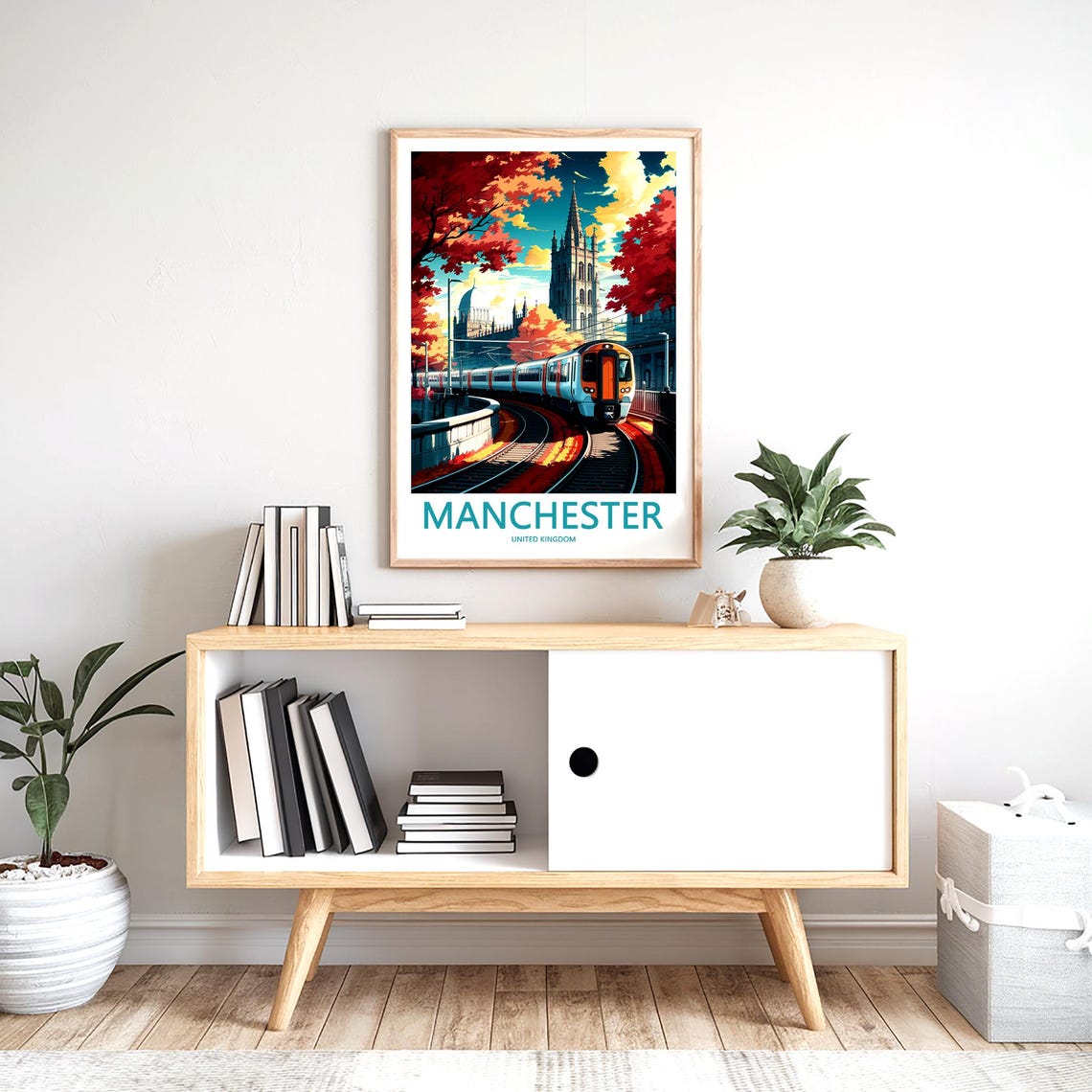 Manchester United Kingdom Autumn Train Passing Church Spire Poster - Image 2