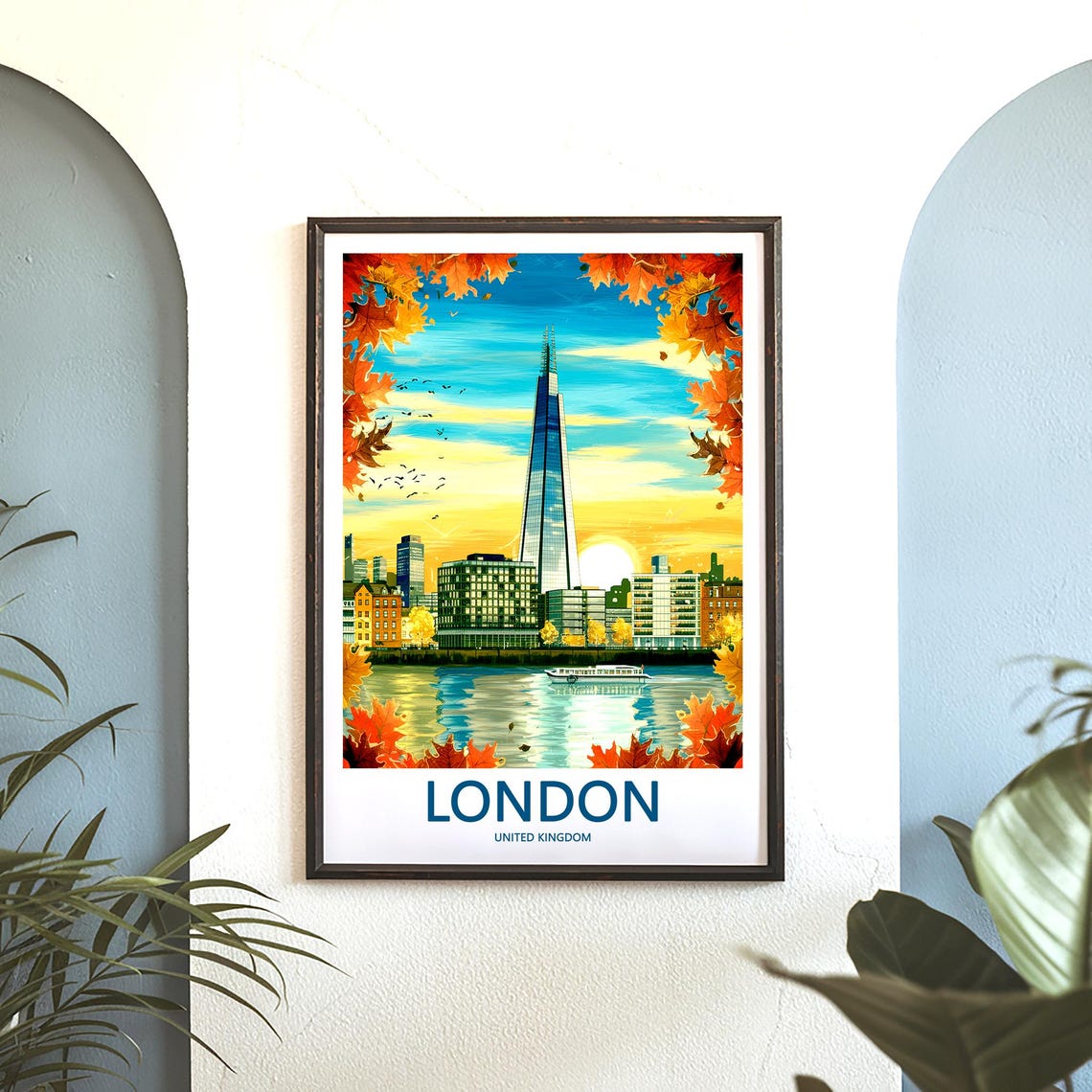 The Shard at Sunset with Maple Leaves and a River Boat Poster - Image 3