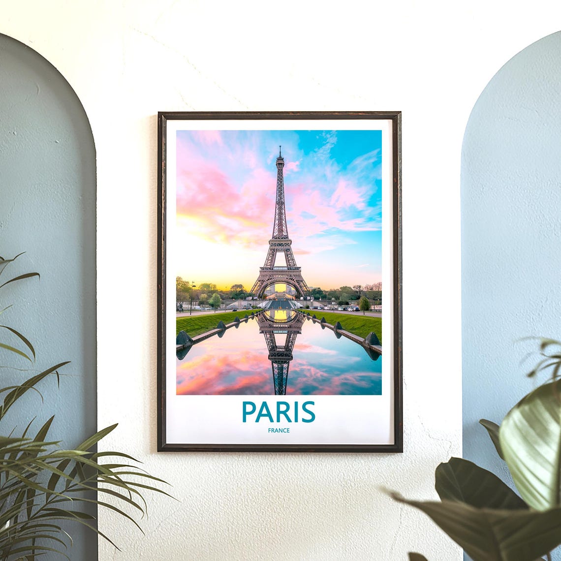 Paris Eiffel Tower Sunset Pool Reflection Teal Sky Photo Poster - Image 3