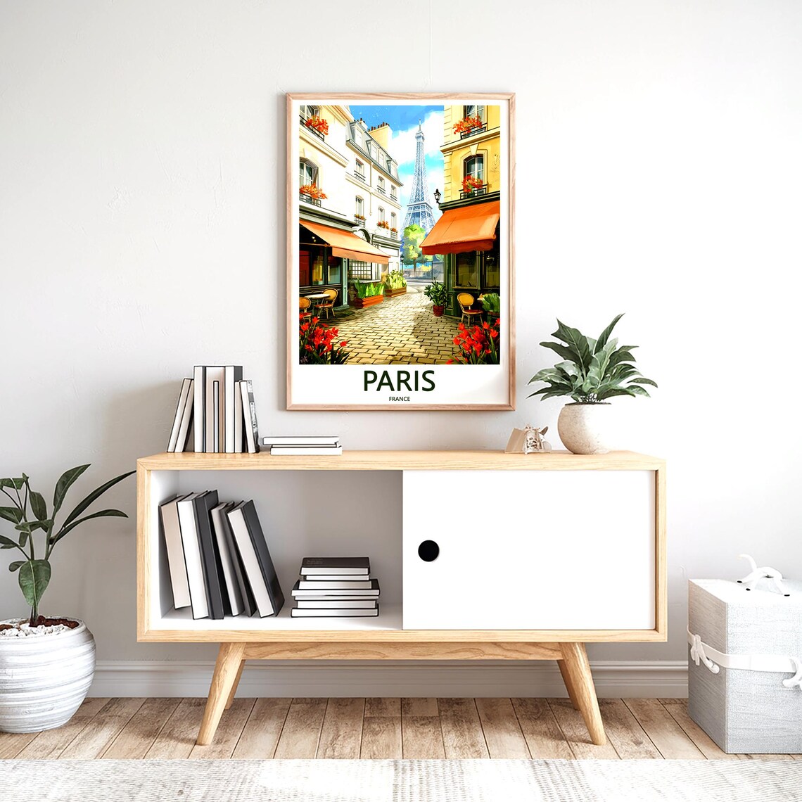 Eiffel Tower Cobblestone Lane Orange Awnings Cafe Paris France Poster - Image 2