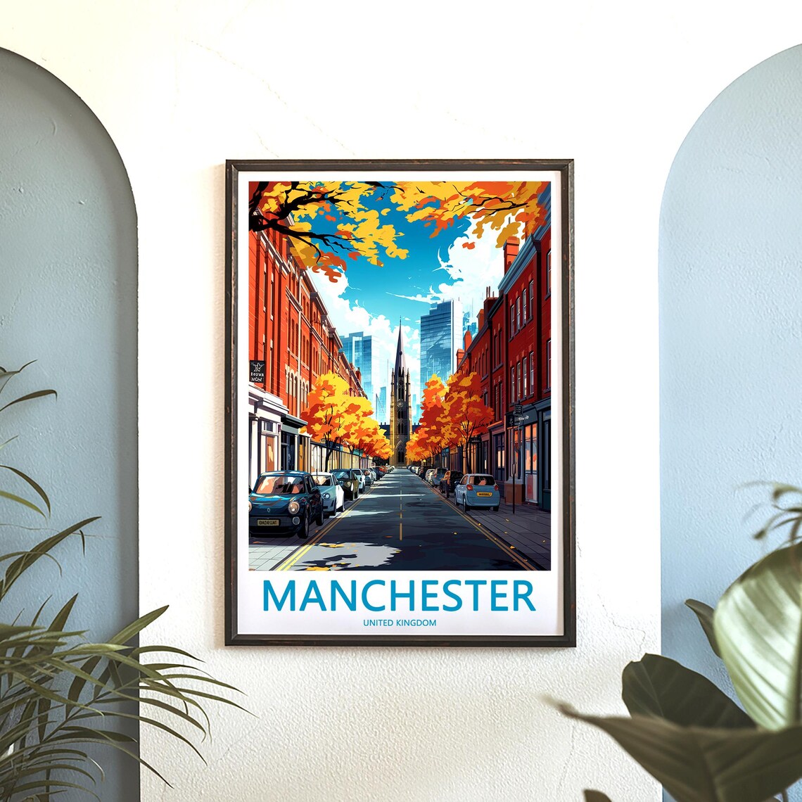 Manchester Autumn Red Brick Street Church Spire Day View Poster - Image 3