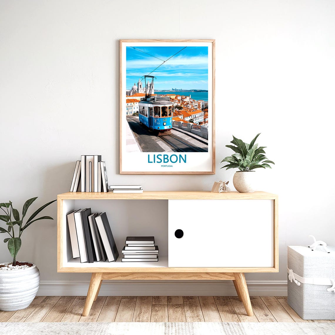 Lisbon Blue Tram at Hilltop Viewpoint Over City and River Poster - Image 2