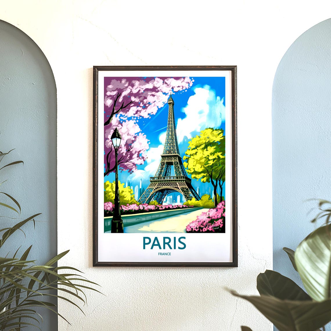Eiffel Tower Purple Blossom Park Path Lamppost Spring Paris Poster - Image 3