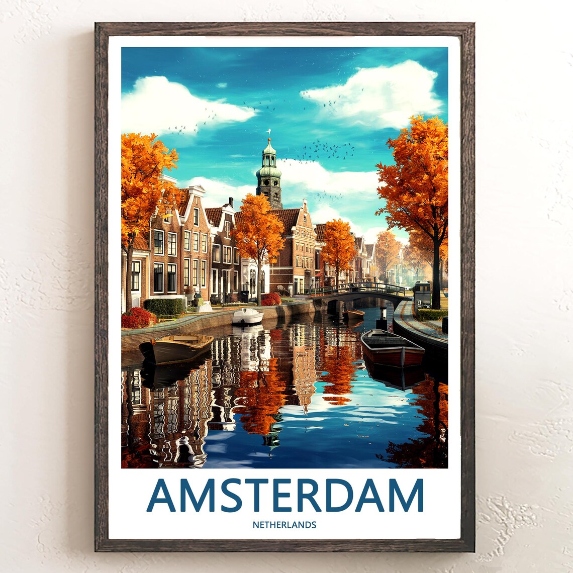 Scenic Amsterdam Golden Autumn Canal Boats Art Travel Poster