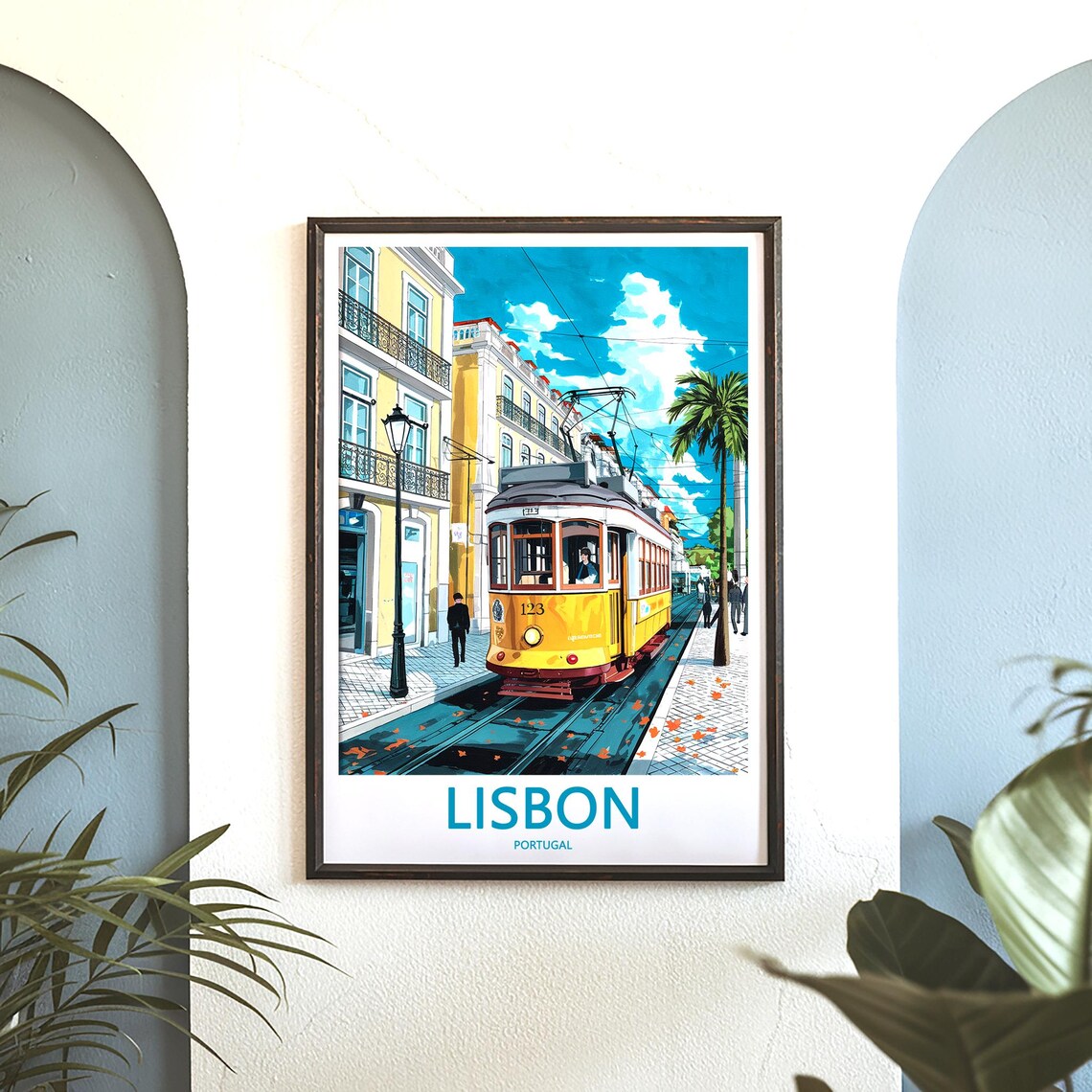 Lisbon Yellow Tram 123 on a Cobblestone Street With Palm Poster - Image 3