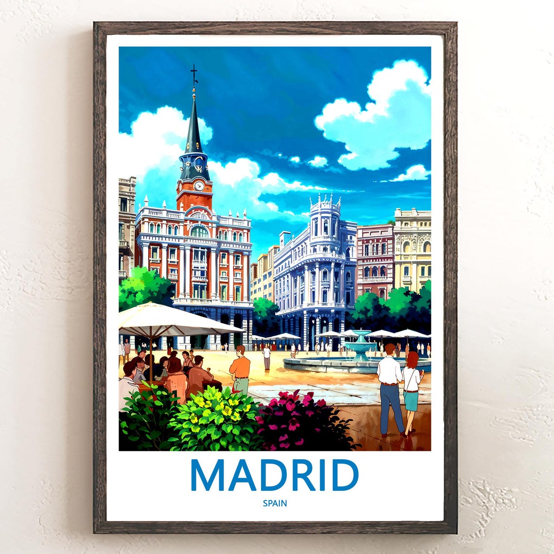 Madrid Plaza Mayor Fountain Cafe Umbrellas Crowd Scene Poster