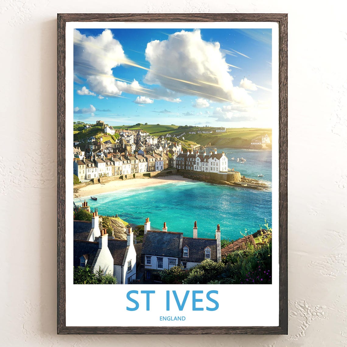 St Ives England Turquoise Harbor Town Panorama Daytime Poster