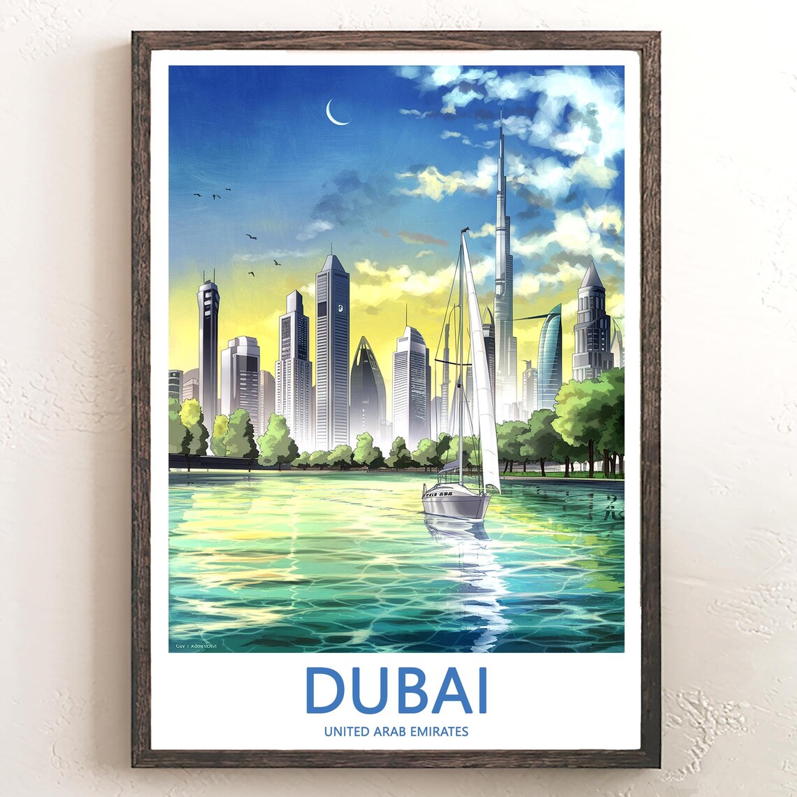 Dubai Sunset Sailboat Before Skyline Golden Hour Travel Poster