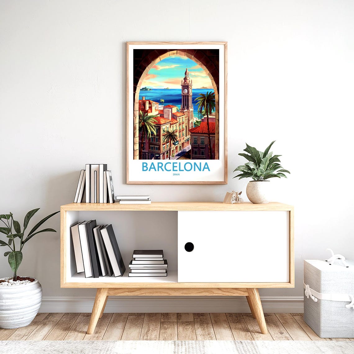 Barcelona Clock Tower Seen Through Stone Arch Illustration Poster - Image 2