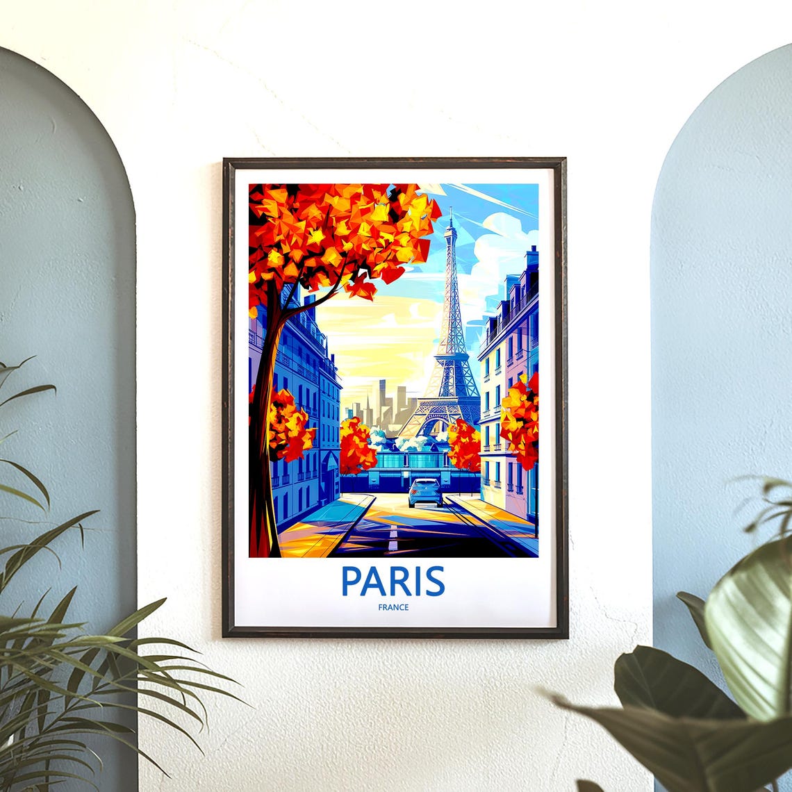 Eiffel Tower Bold Red Autumn Trees Blue Car Graphic Art Poster - Image 3