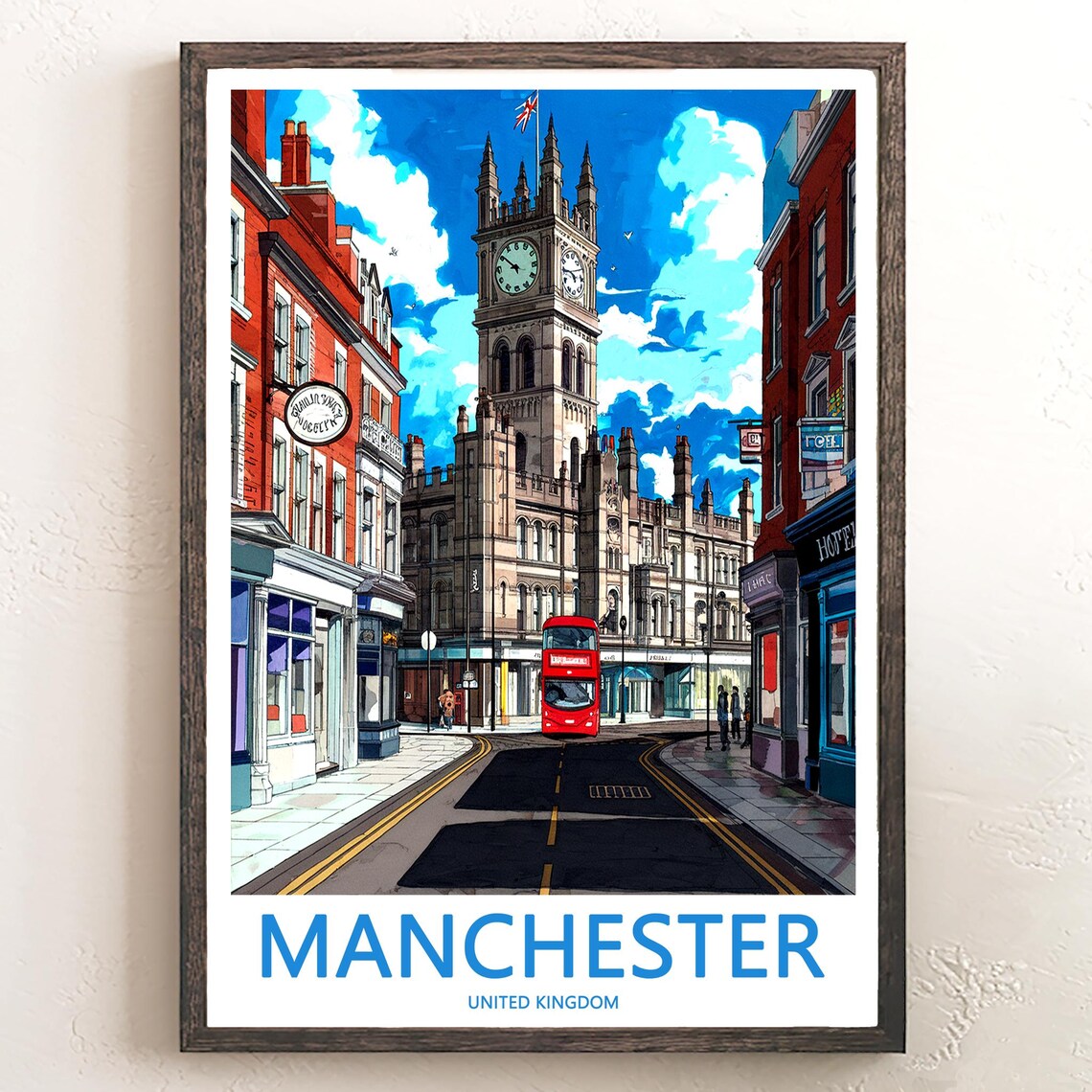 Manchester United Kingdom Historic Street Clock Tower Red Bus Poster
