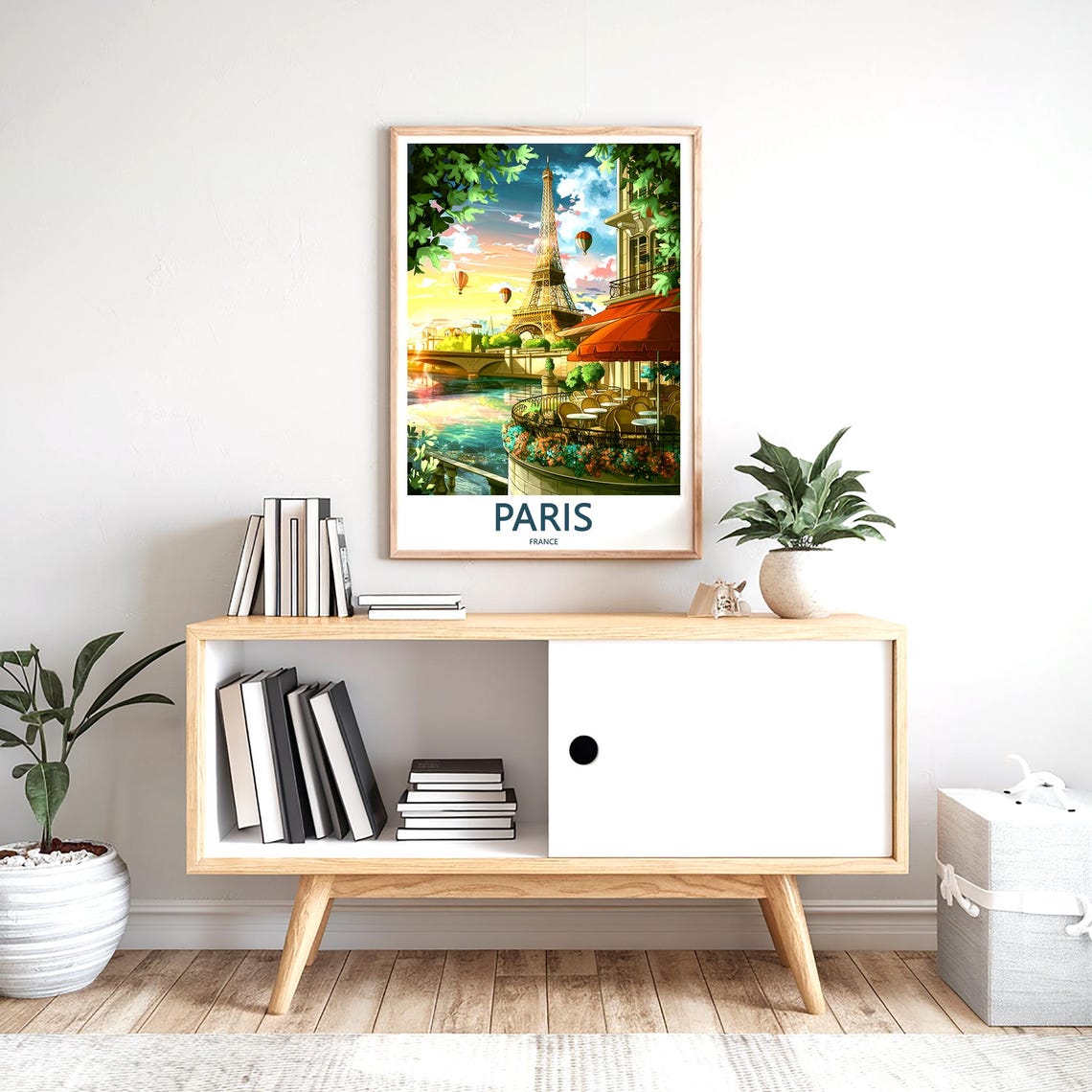 Eiffel Tower Riverside Cafe Hot Air Balloons Sunset Paris Poster - Image 2