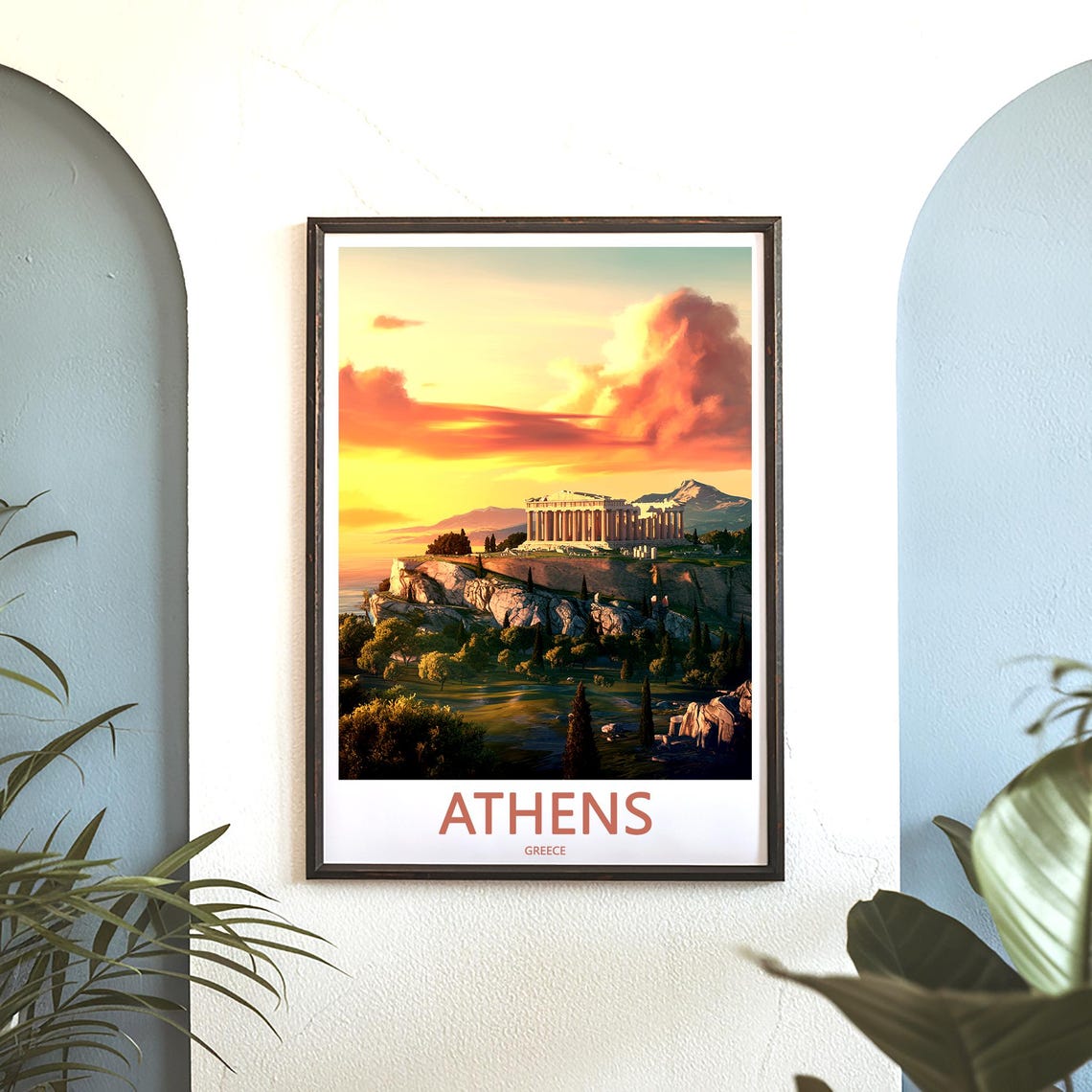 Athens Acropolis Fiery Sunset Mountains Landscape Illustrated Poster - Image 3