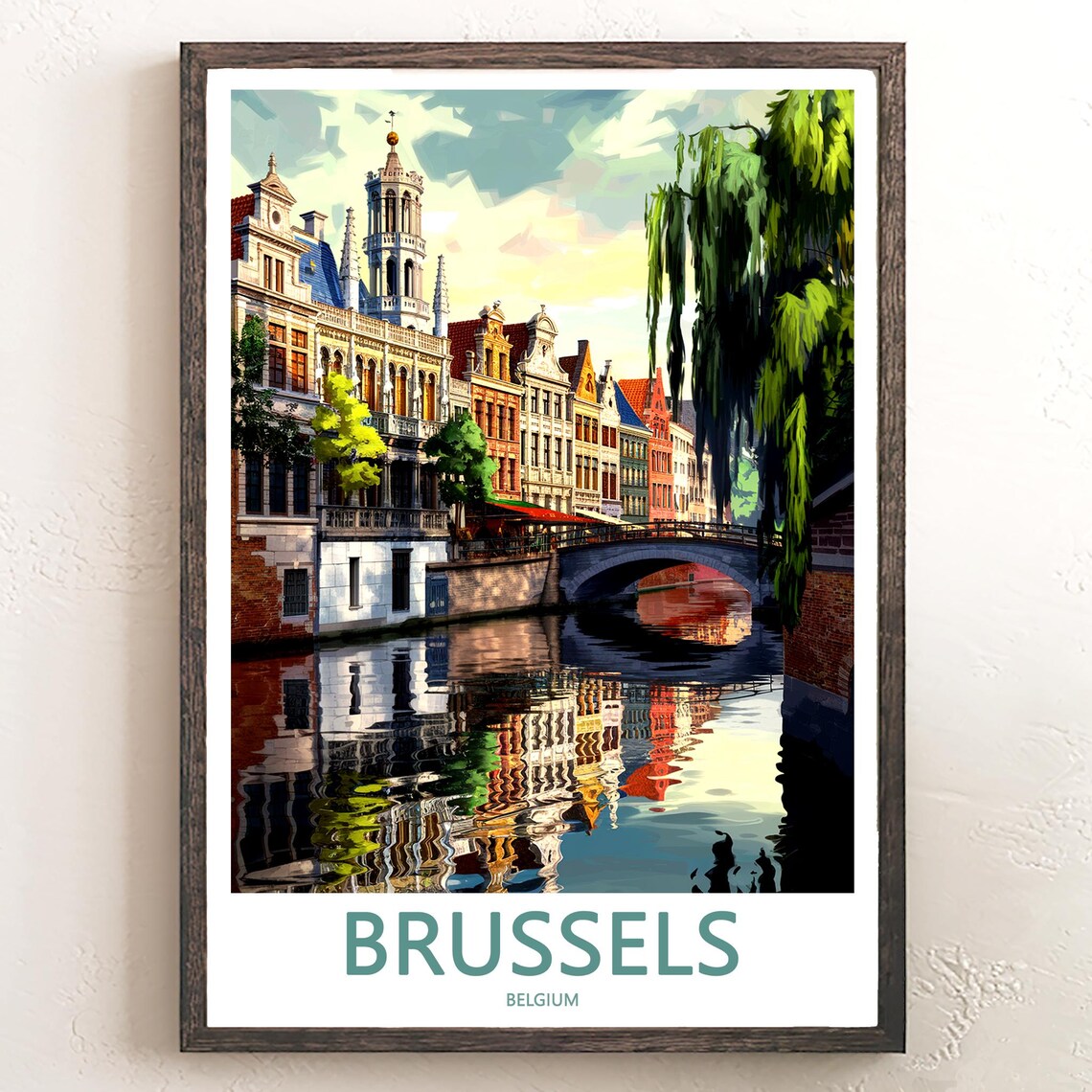 Brussels Canal Painted Guild Houses Reflection Vintage Art Poster