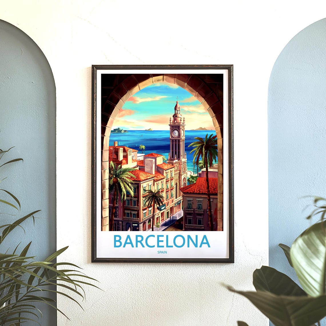 Barcelona Clock Tower Seen Through Stone Arch Illustration Poster - Image 3