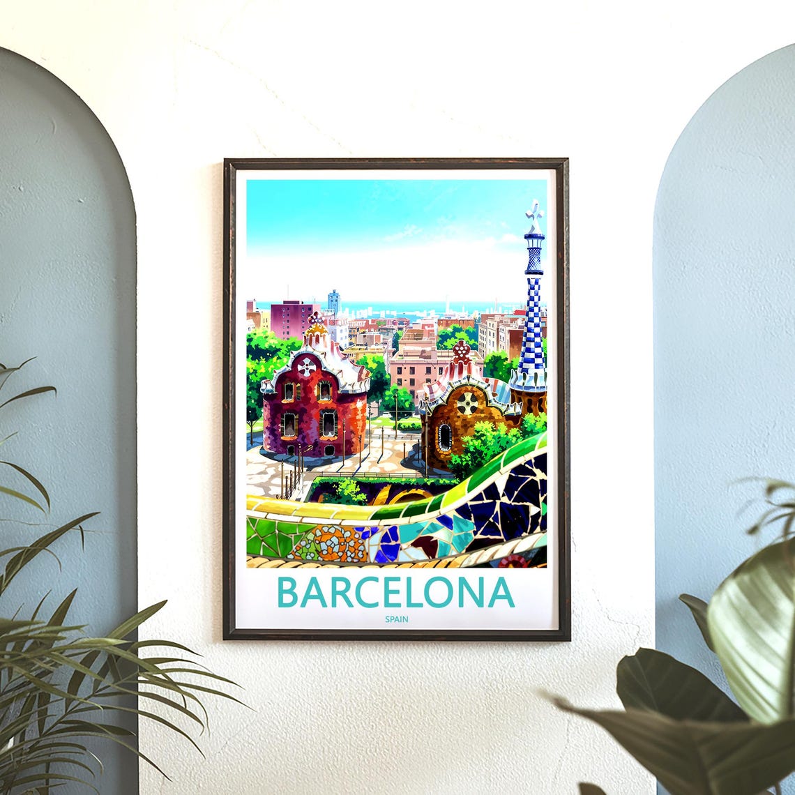 Barcelona Park Güell Twin Gatehouses Painted Sky Wall Poster - Image 3