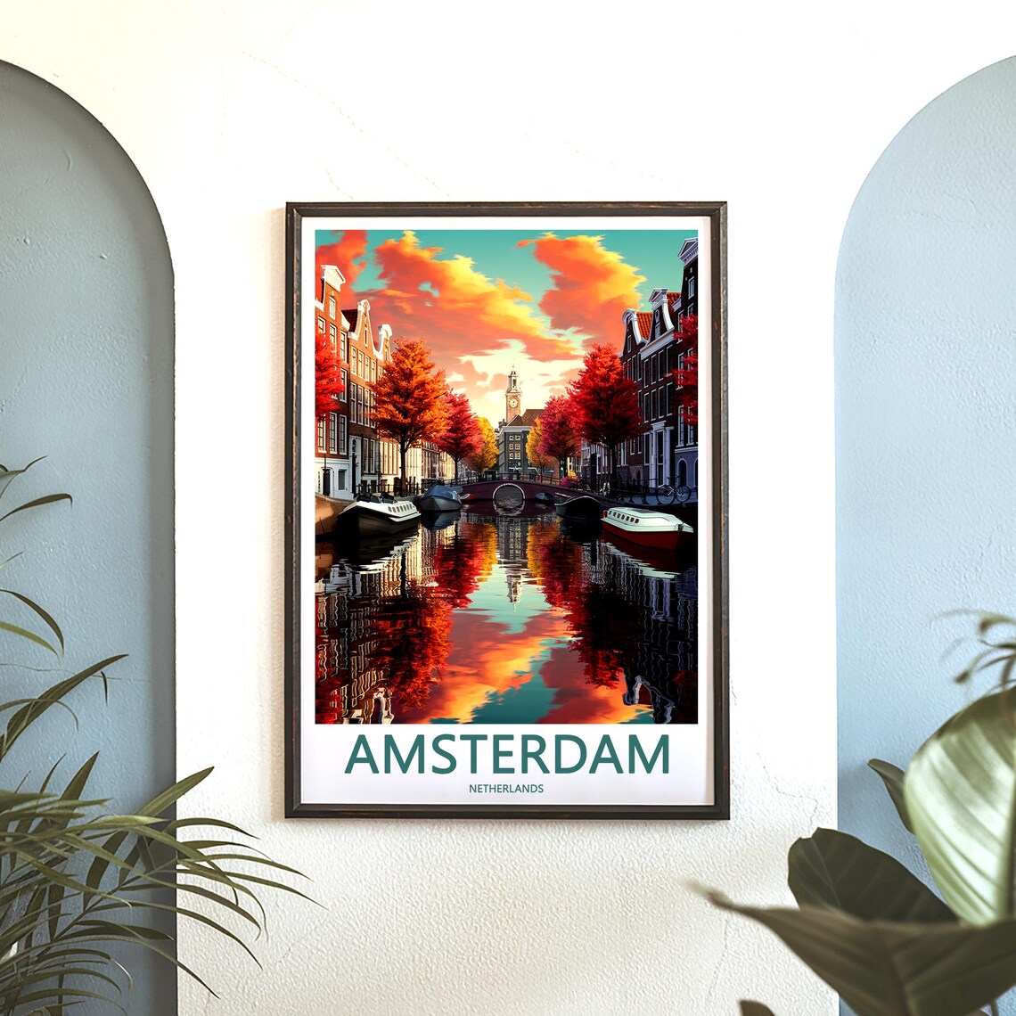 Amsterdam Canal Houses Mirrored in Water Autumn Art Travel Poster - Image 3