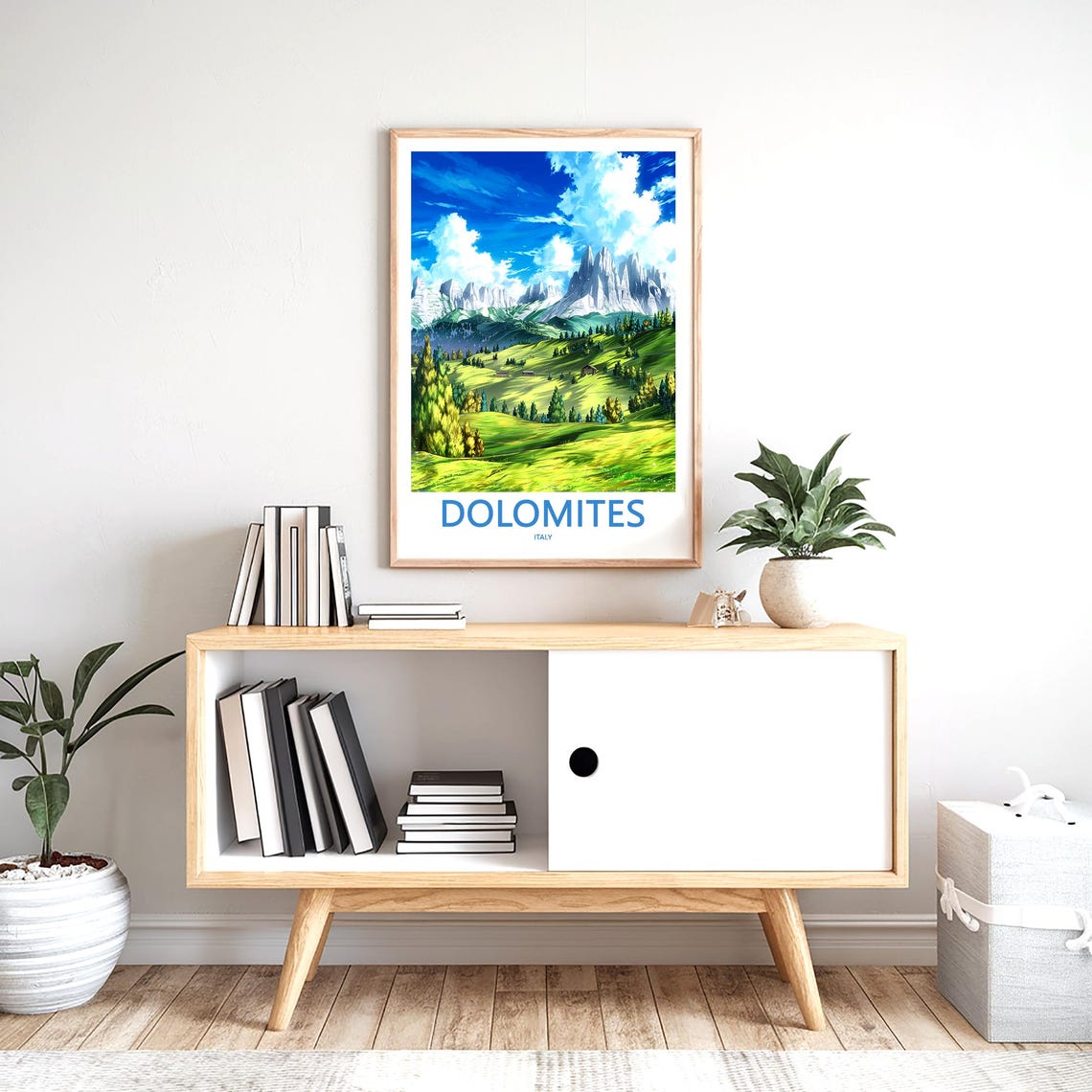 Dolomites Alpine Meadow Cabins under Snowy Peaks Travel Poster - Image 2