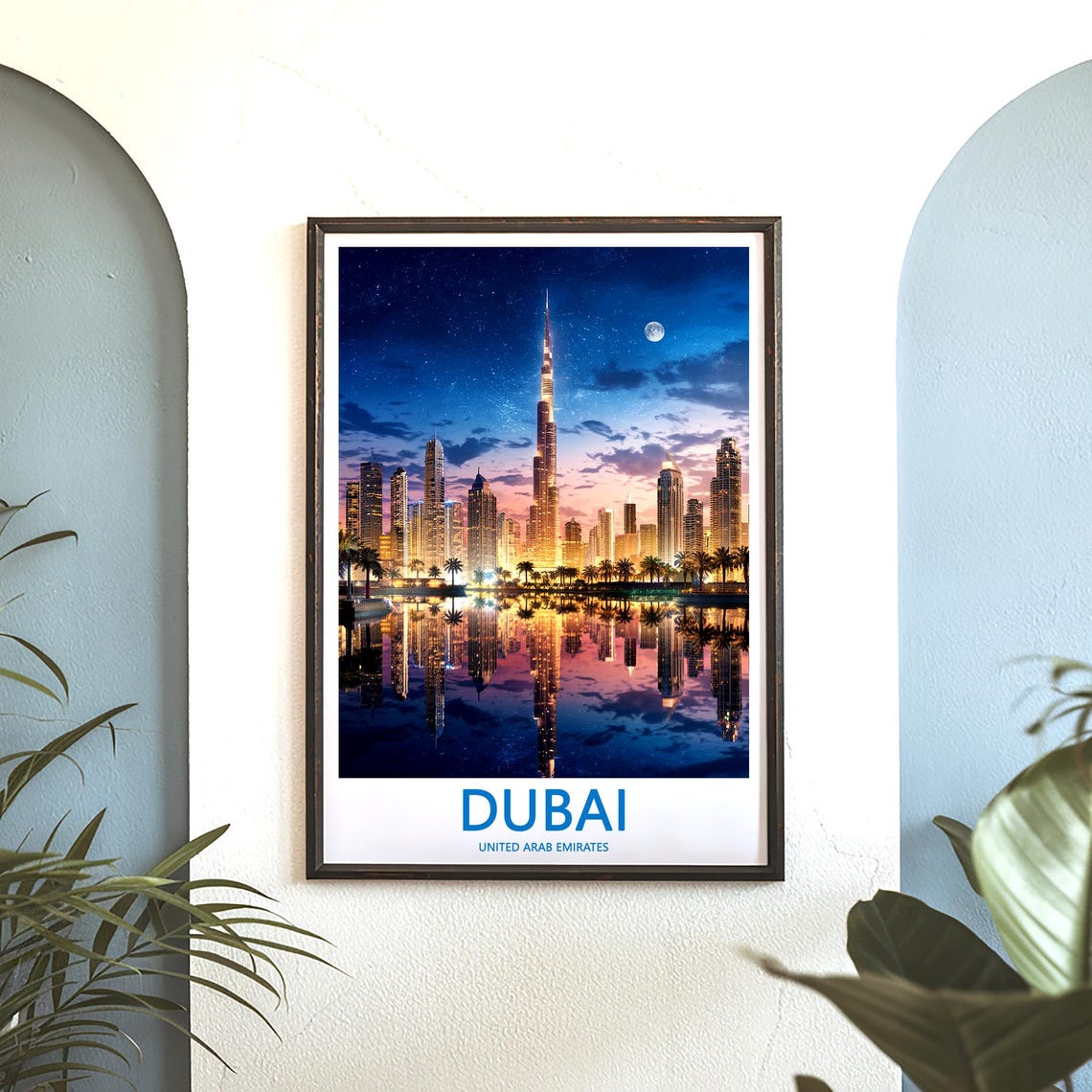 Dubai Dusk Skyline Mirror Reflection Under Small Moon Travel Poster - Image 3
