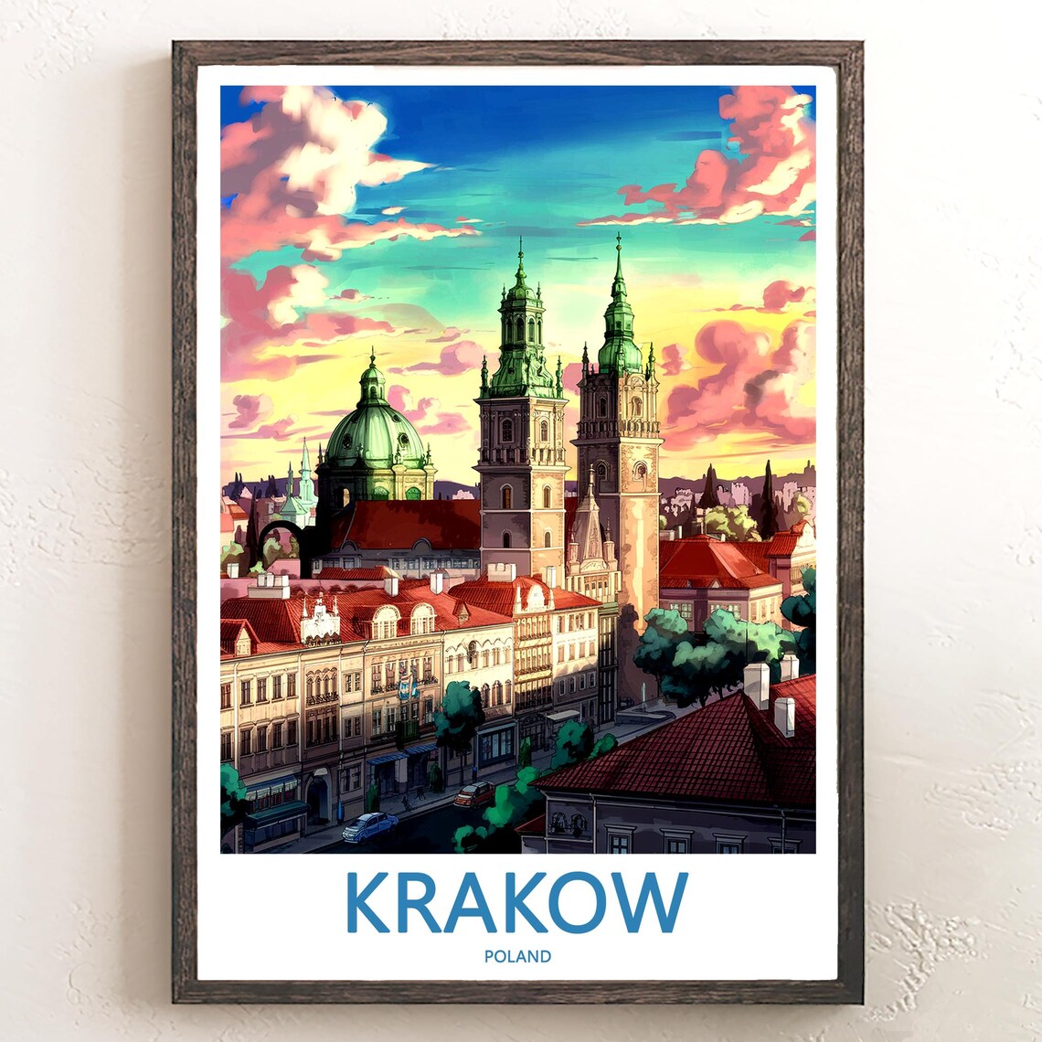 Krakow St Marys Basilica Twin Towers at Sunset Travel Poster