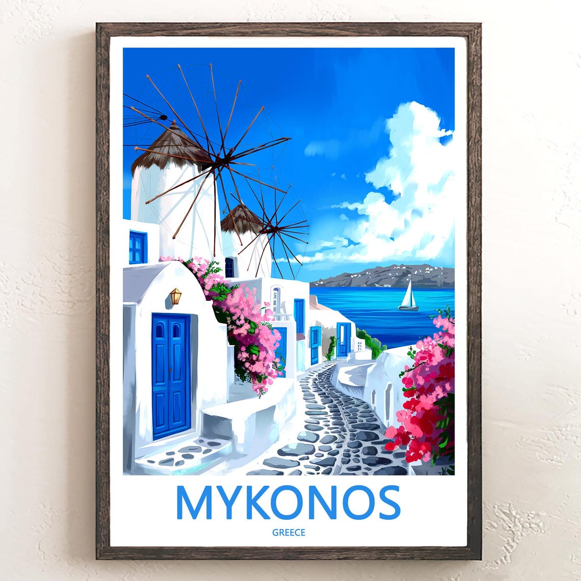 Mykonos White Houses Blue Doors Harbor View Greece Art Poster