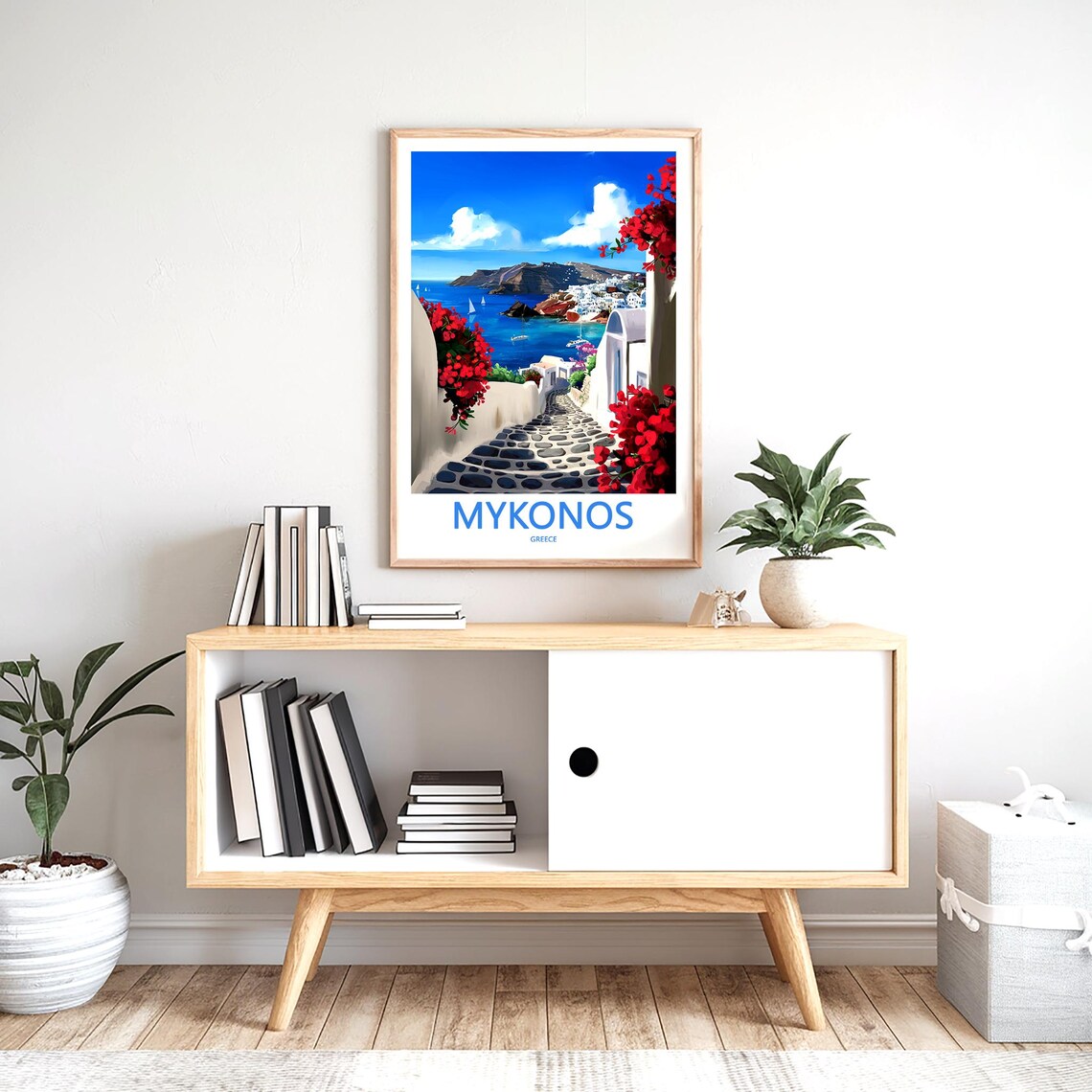 Mykonos Alley Arches Red Bougainvillea Sea View Greece Art Poster - Image 2