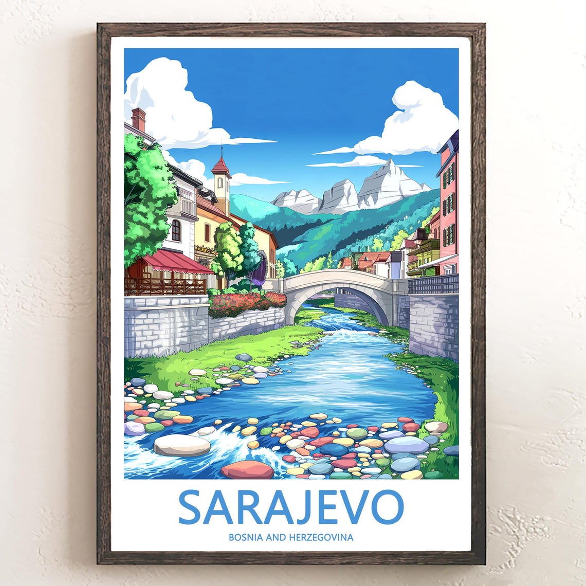 Sarajevo Miljacka River Stone Bridge Anime Mountains Travel Poster