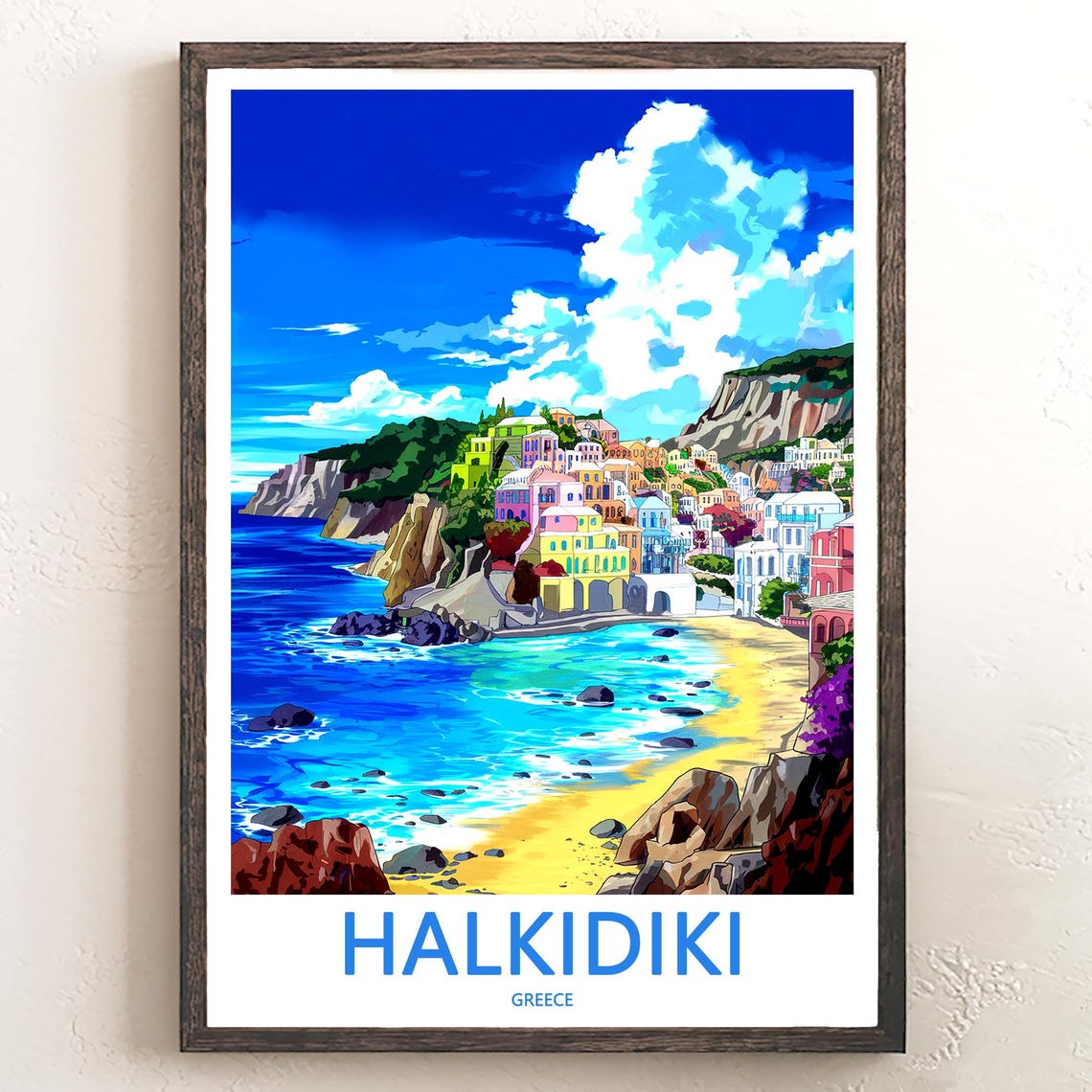 Halkidiki Greece Colorful Clifftop Village Golden Beach Travel Poster