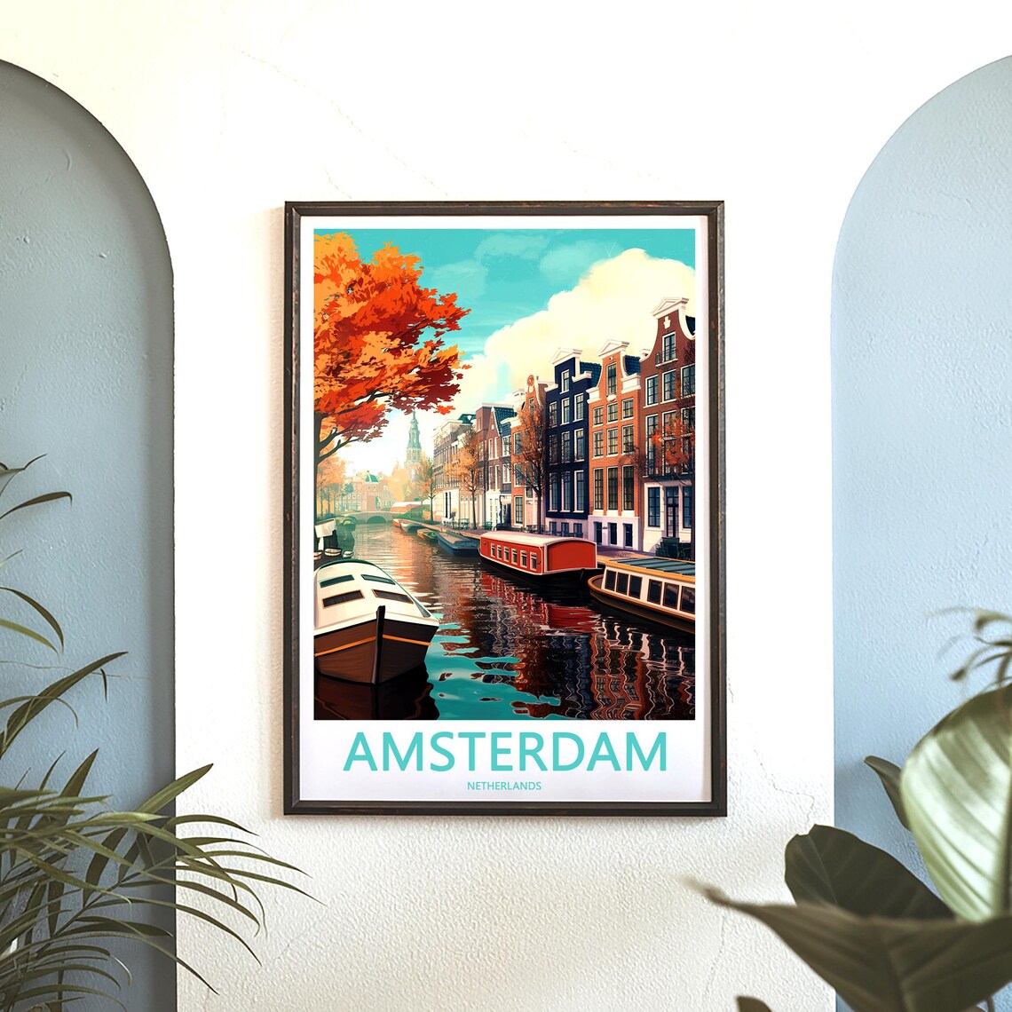Amsterdam Autumn Houseboats Orange Foliage Illustrated Poster - Image 3