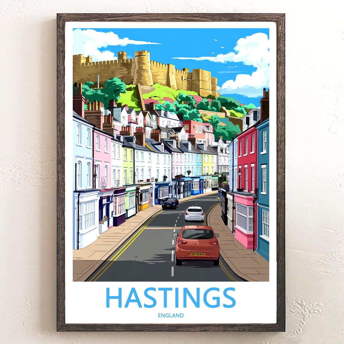Hastings England Red Car Old Town Castle Hill Day Scene Poster