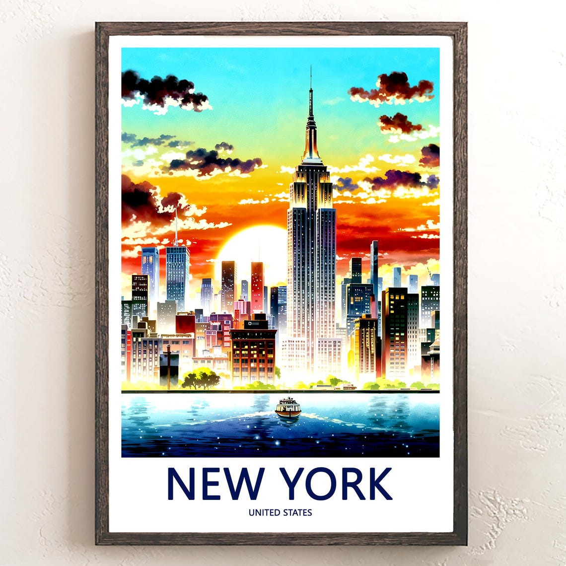 Manhattan Skyline at Sunset with a Hudson River Ferry Boat Poster