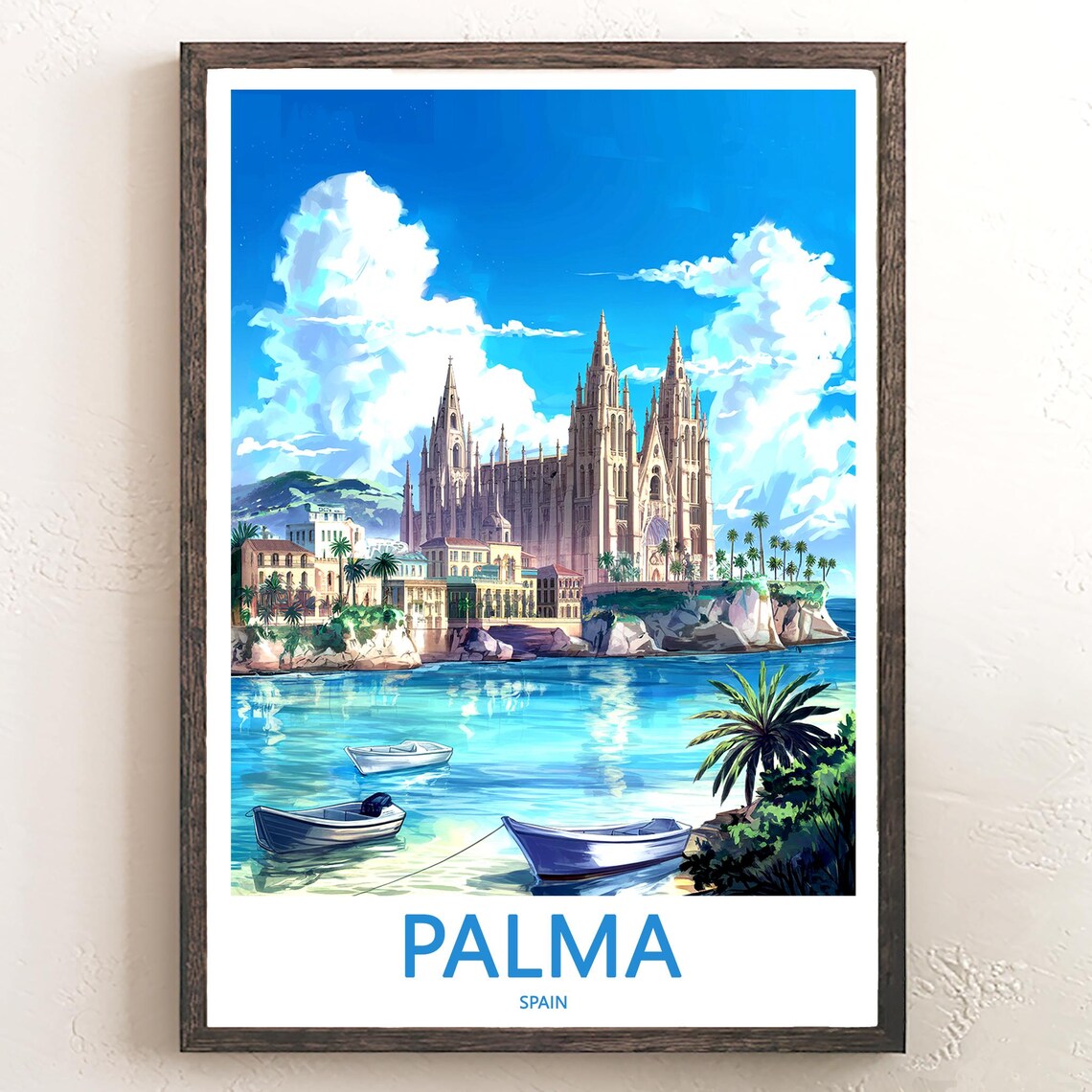 Palma Spain Cathedral From the Water With Small Boats Poster