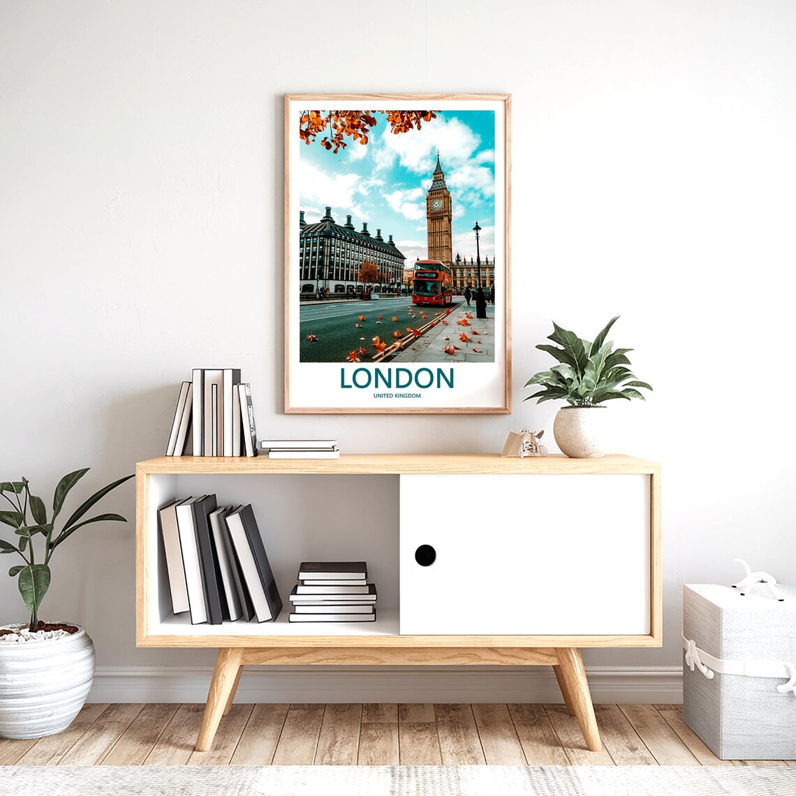 Big Ben Red Double Decker Bus Autumn Leaves Street Photo Poster - Image 2