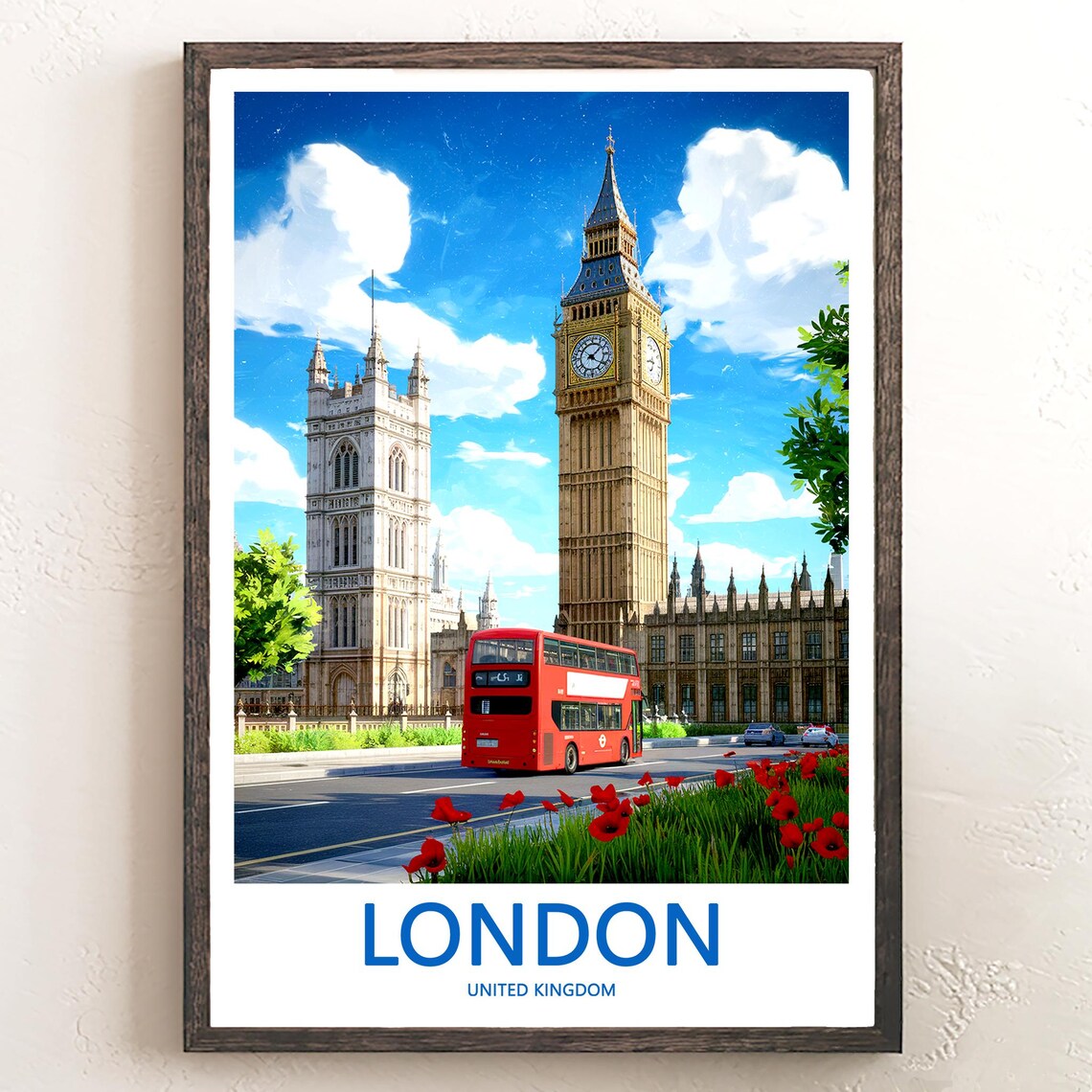 London Big Ben Parliament Square Red Bus Daytime Scene Poster