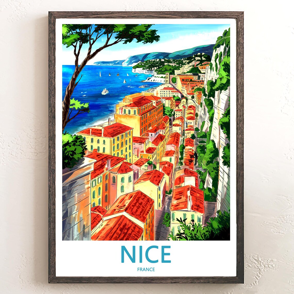 Nice France Cliffside Old Town Red Roofs Travel Decor Poster
