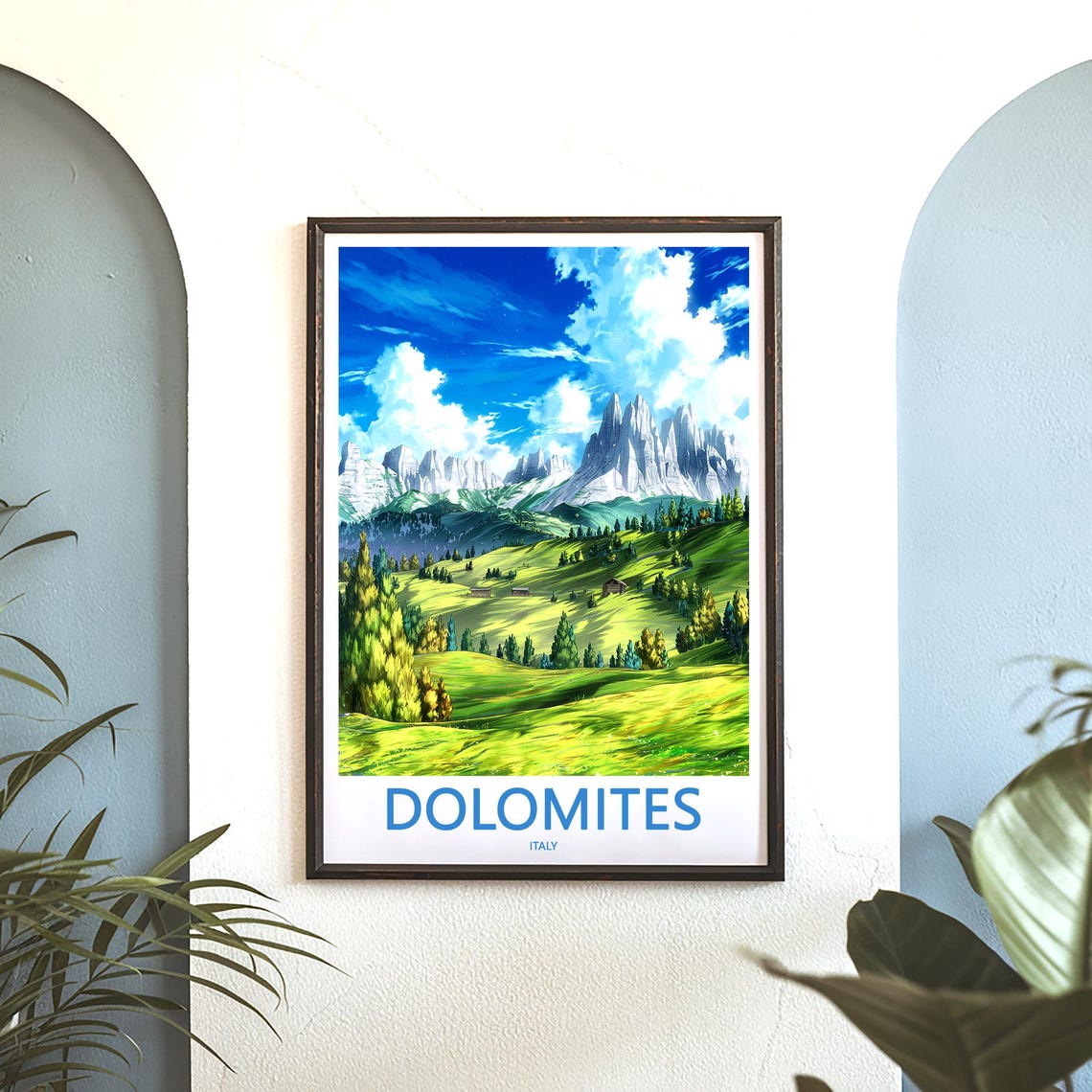Dolomites Alpine Meadow Cabins under Snowy Peaks Travel Poster - Image 3
