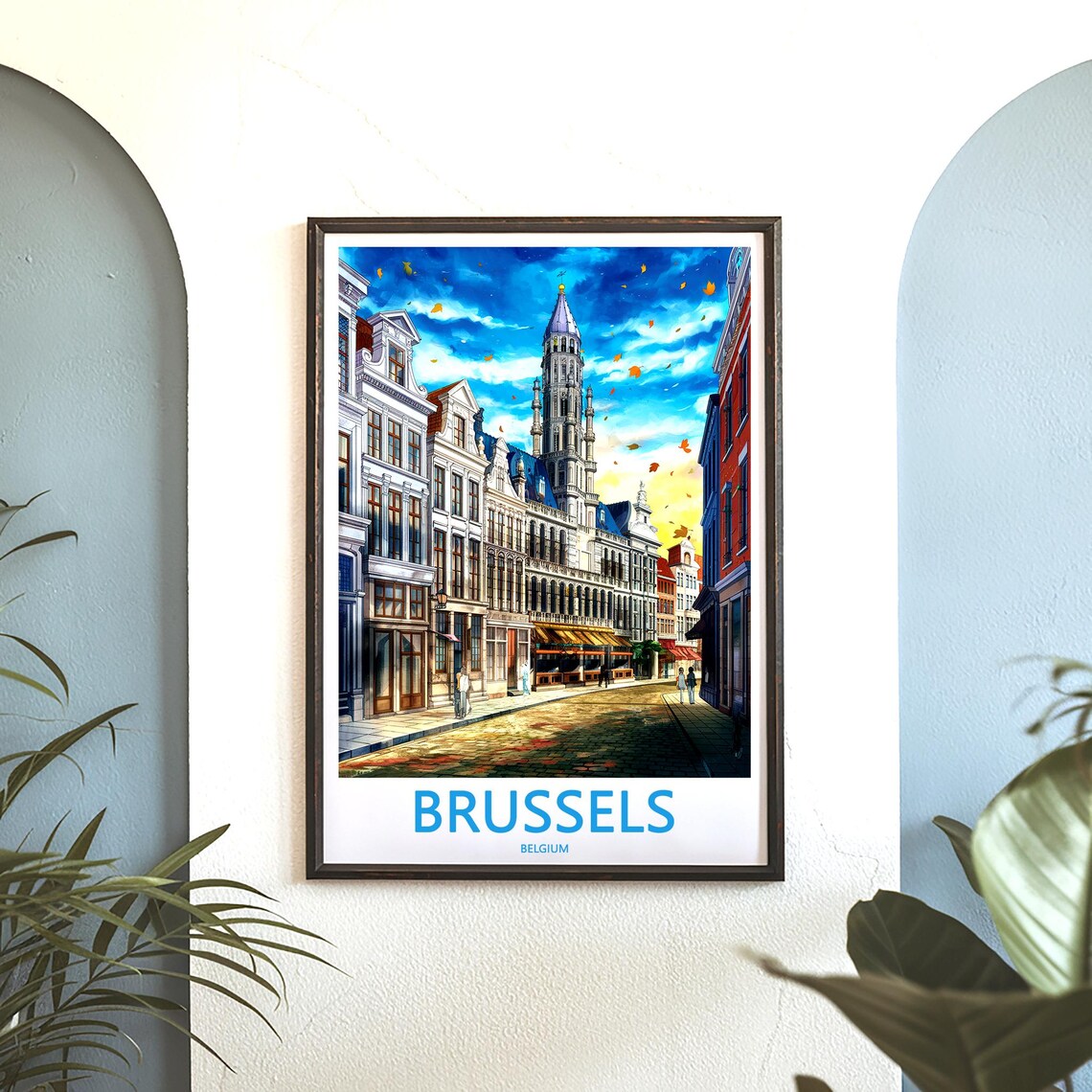 Brussels Grand Place Town Hall Autumn Leaves Watercolor Travel Poster - Image 3