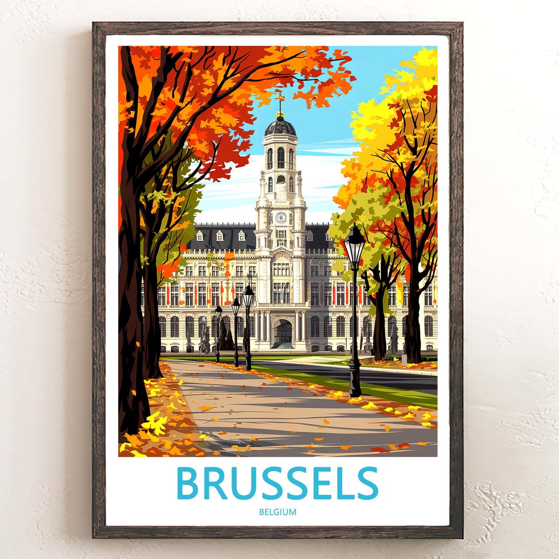 Brussels Belgium Golden Autumn Path Tower Building Scene Poster