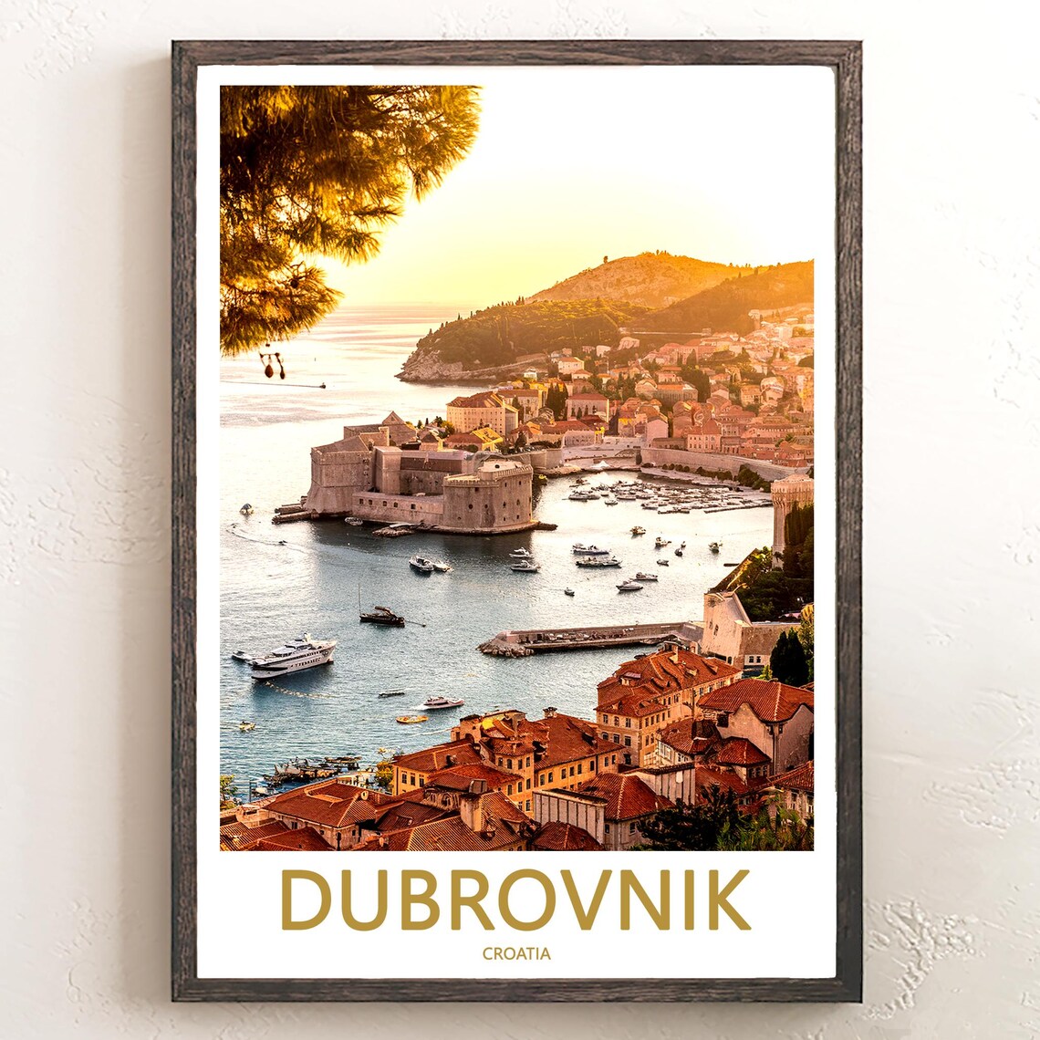 Dubrovnik Croatia Sunset Harbor Old Stone Fortress Travel Poster