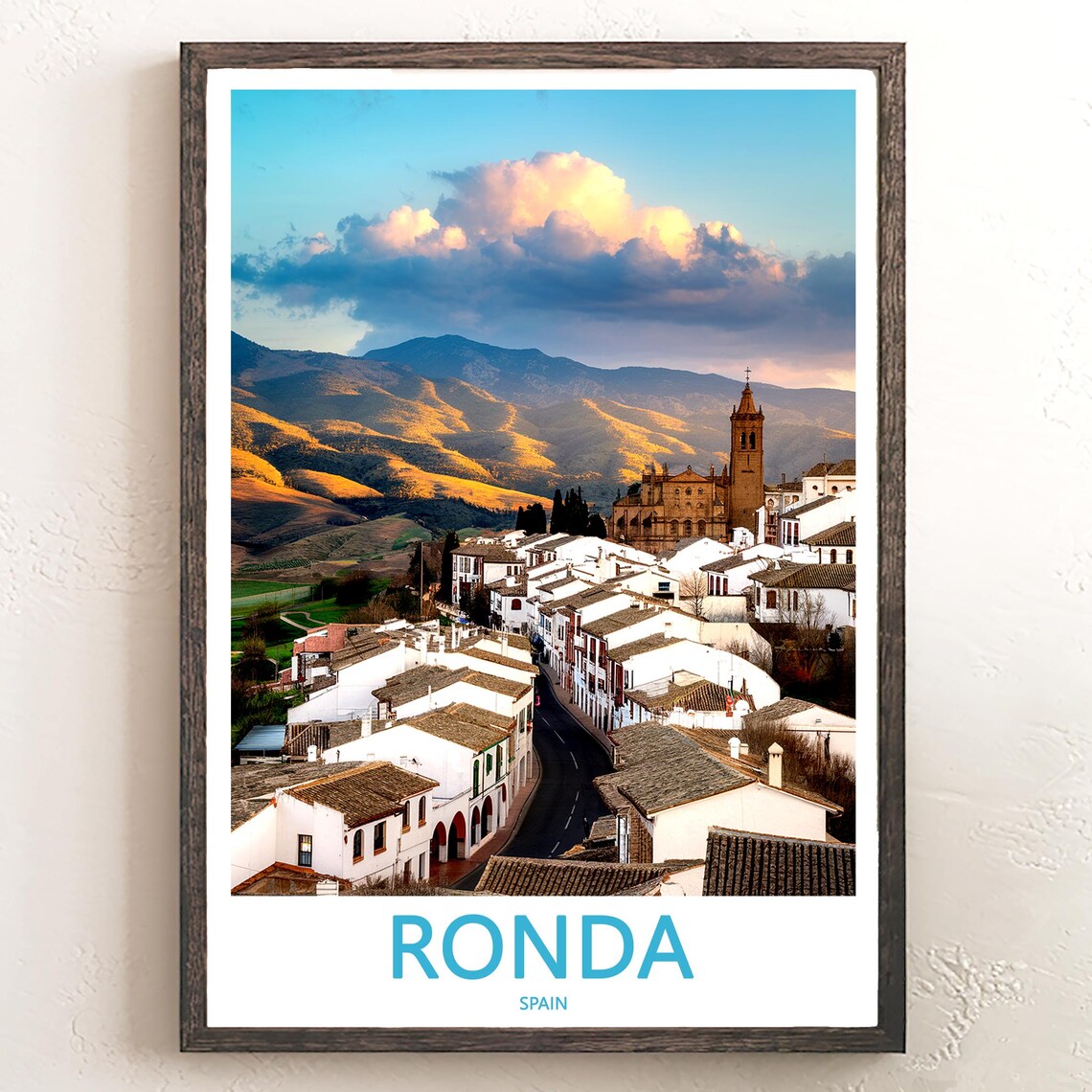 Ronda Whitewashed Street and Church Tower Spain Travel Poster