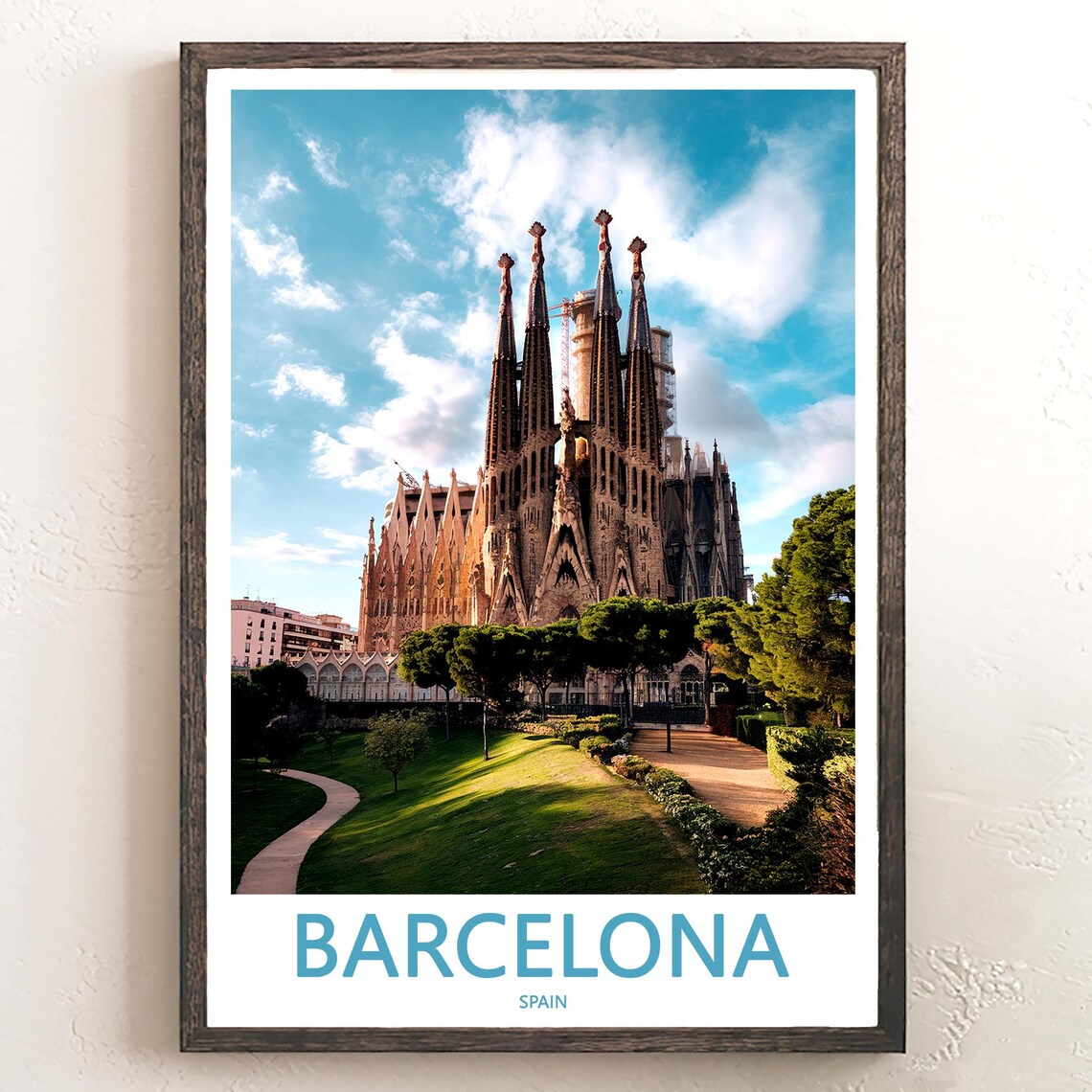 Barcelona Sagrada Familia Daytime Photo with Park Lawn Travel Poster