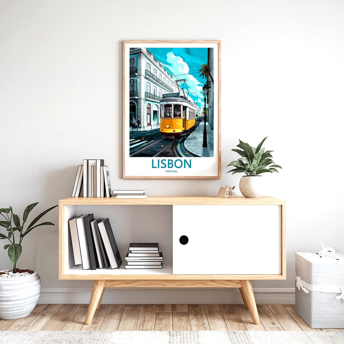 Lisbon Yellow Tram 123 on a Bright Sunny City Street Corner Poster - Image 2