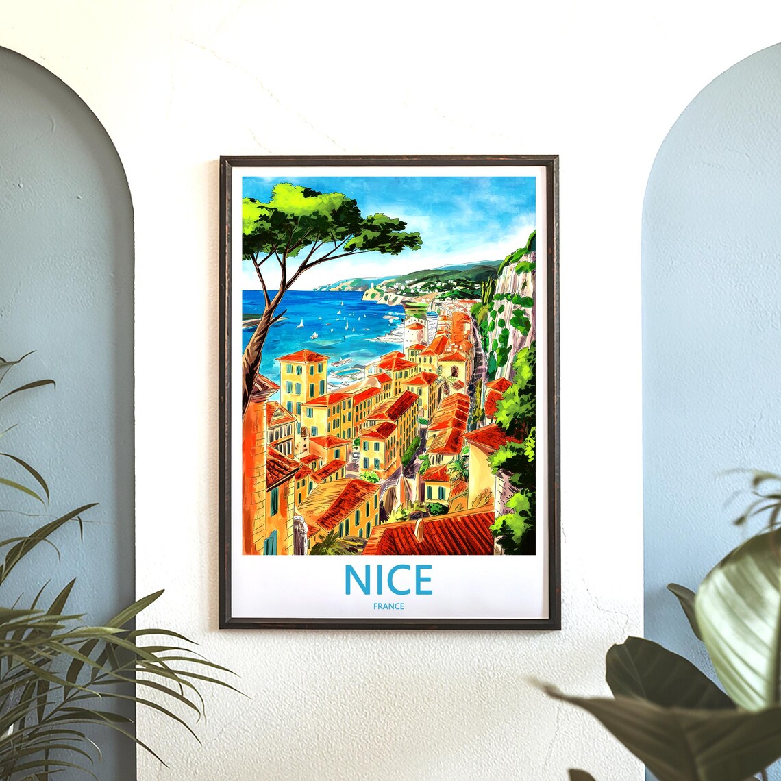 Nice France Old Town Hillside Leaning Pine Travel Art Poster - Image 3