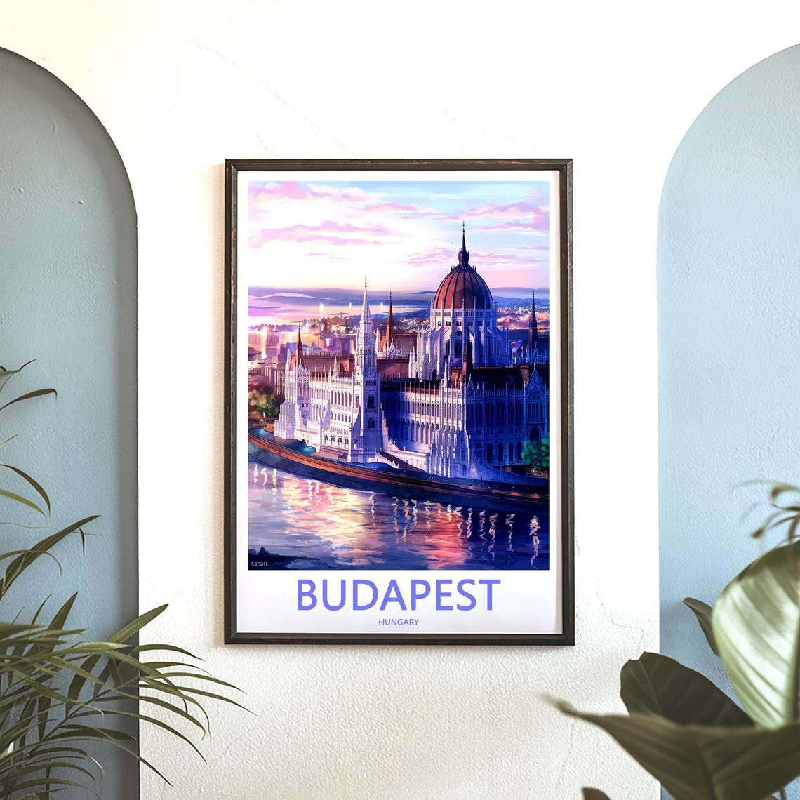 Budapest Hungary Parliament Riverside Sunset Blue Hour Poster - Image 3