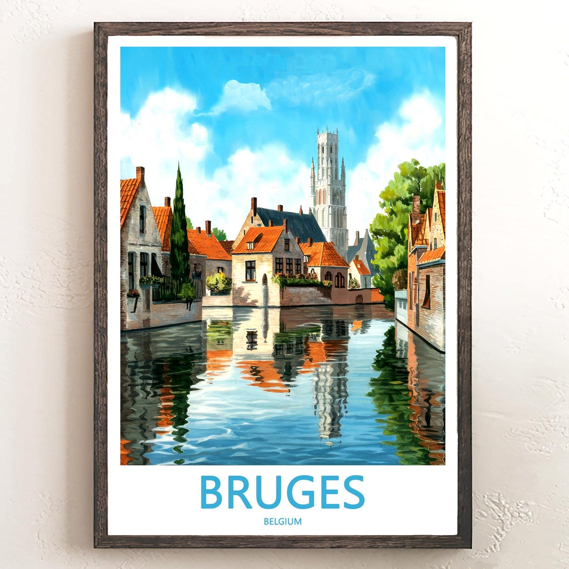 Bruges Belgium Canal Orange Rooftops and Cypress Tree Poster