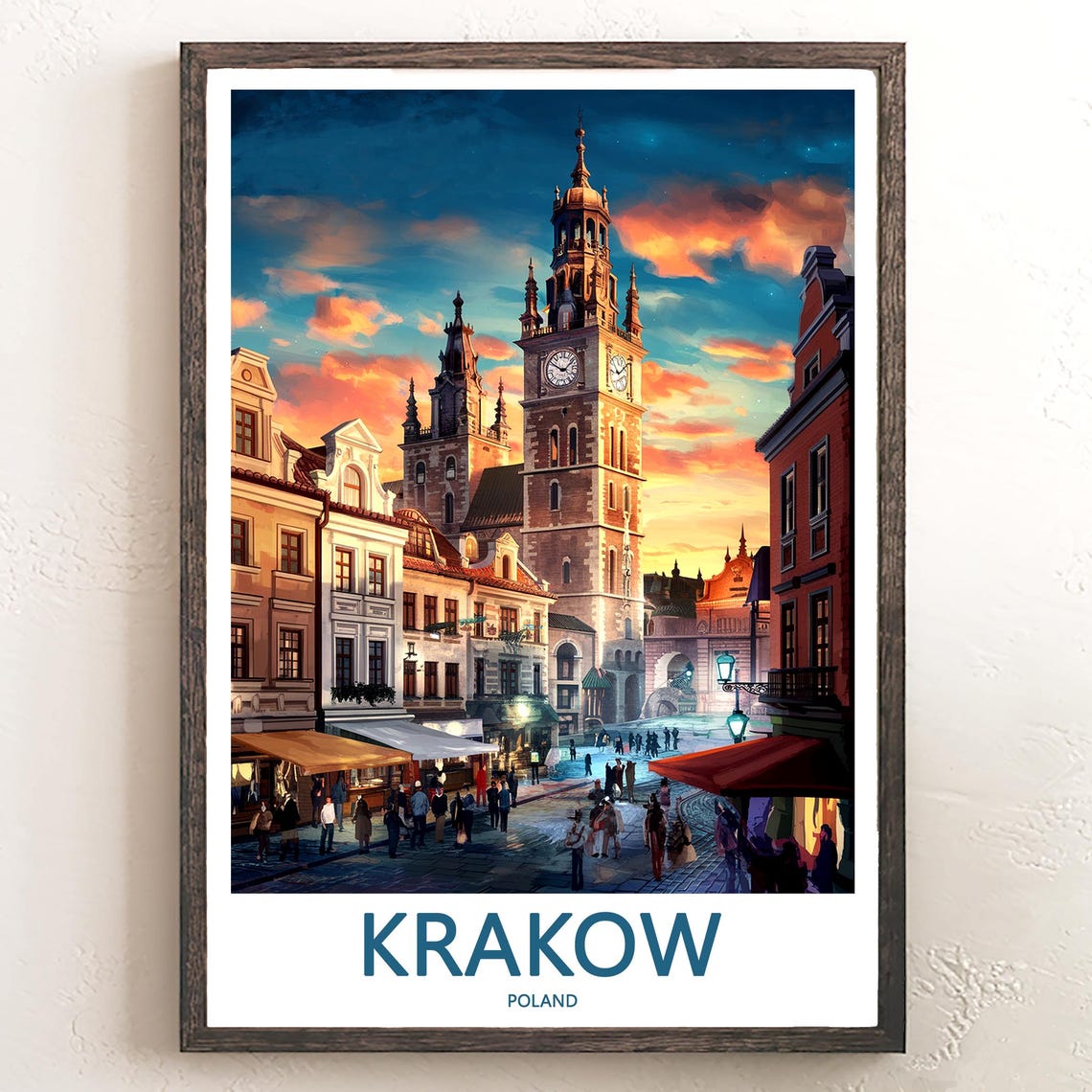Krakow Town Hall Tower Sunset Over Old Town Square Travel Poster