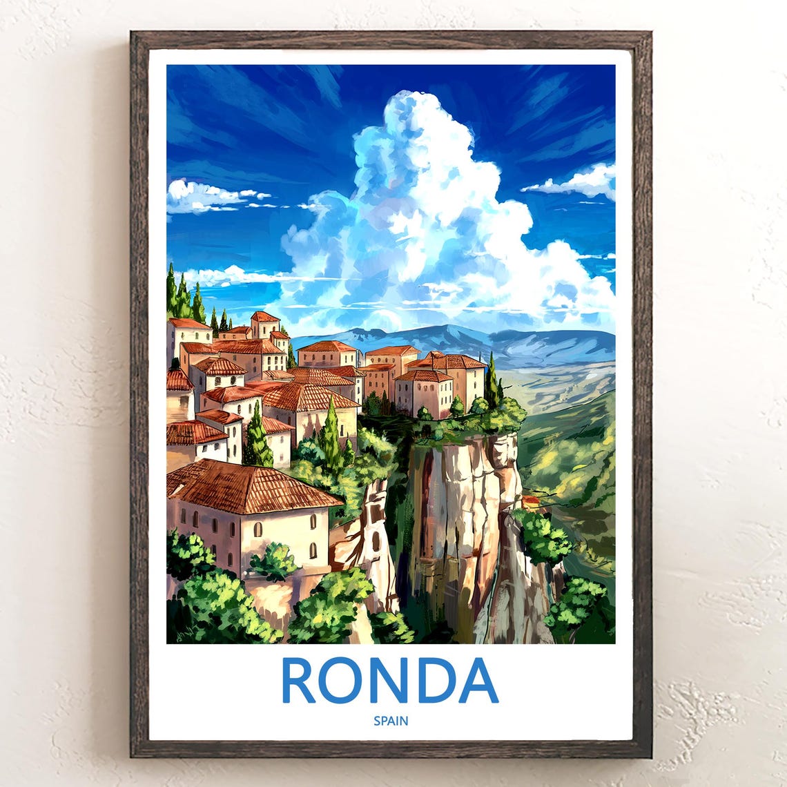 Ronda Whitewashed Clifftop Town Under Blue Sky Travel Poster