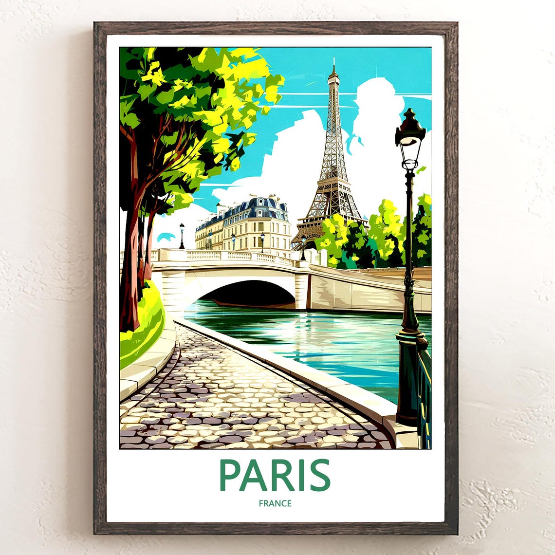 Eiffel Tower Riverside Bridge Cobblestone Path Paris Travel Poster