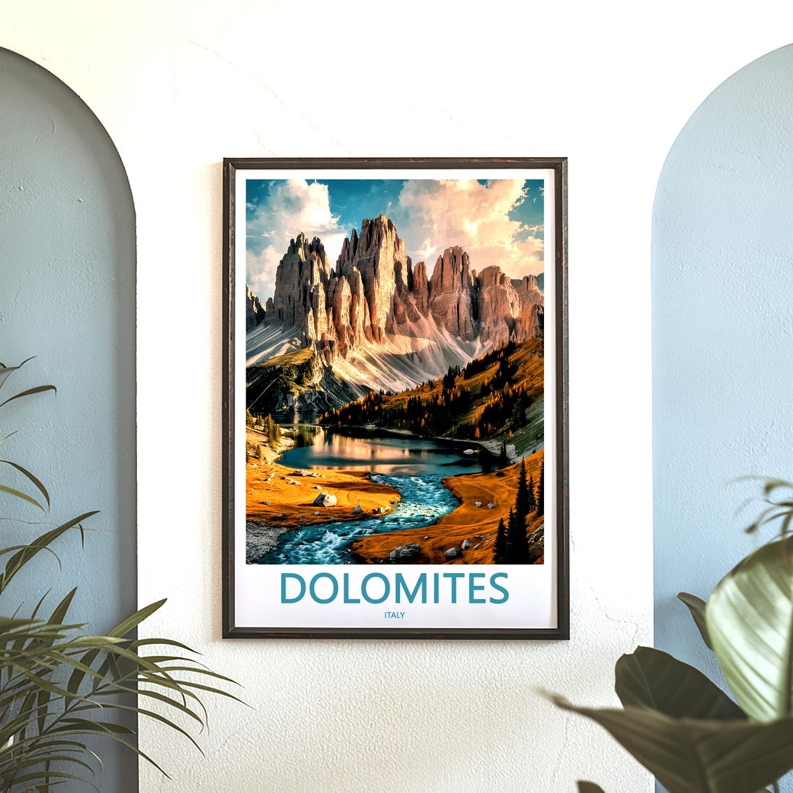 Dolomites Autumn Lake below Rocky Peak Wall Italy Travel Poster - Image 3
