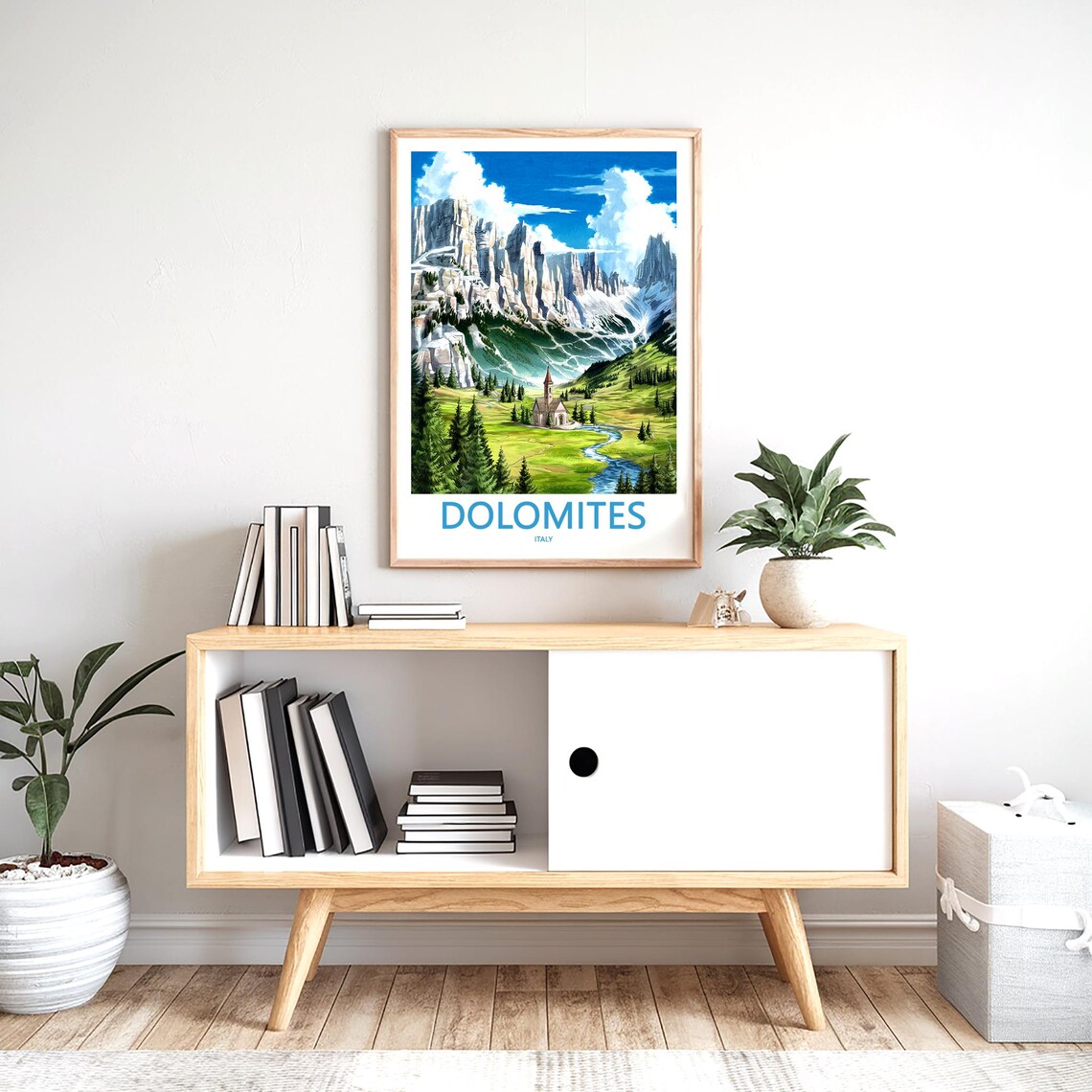 Dolomites Valley Church with Winding River Italy Travel Poster - Image 2
